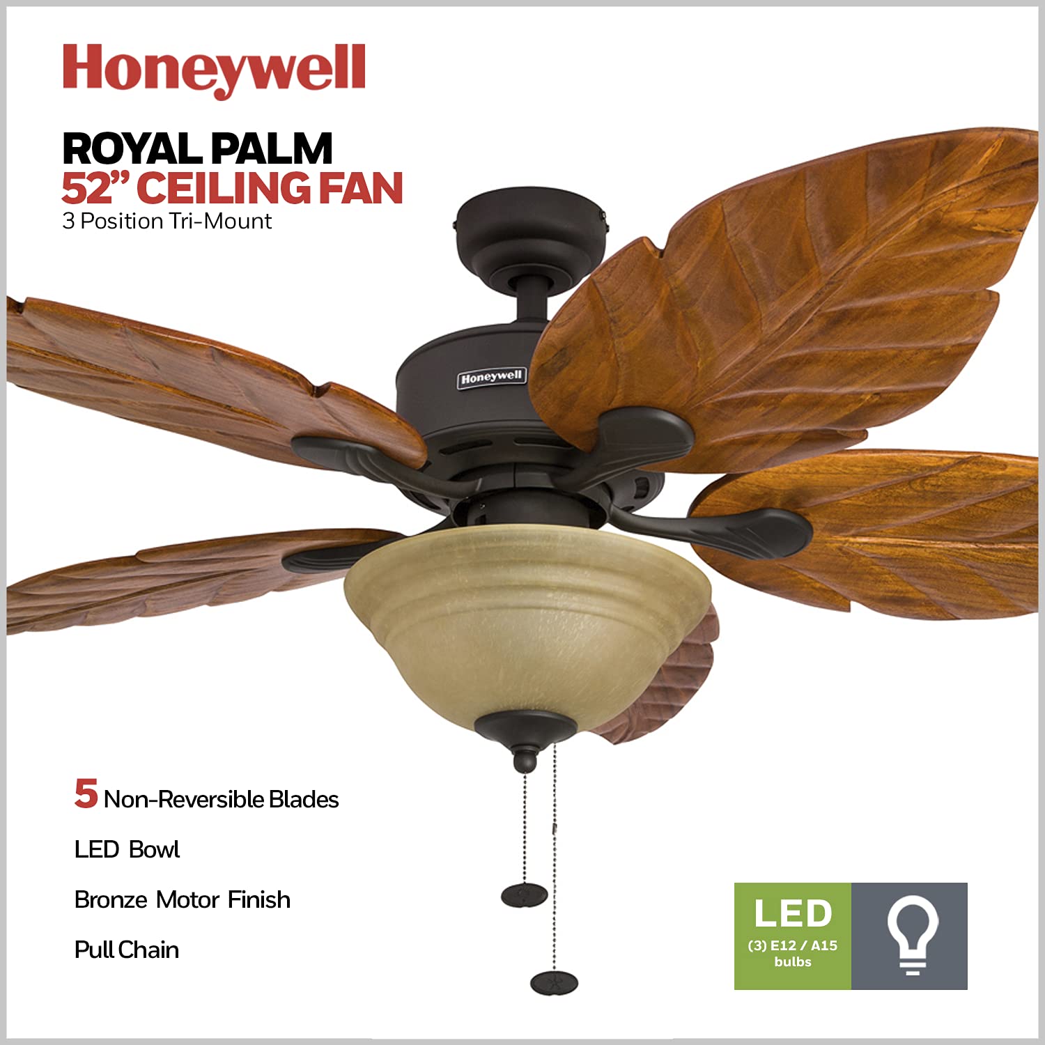 Honeywell 52 Inch Royal Palm Tropical Ceiling Fan with LED Light, Pull Chain, 3 Mounting Options & Hand Carved Solid Wood Blades - Indoor/Outdoor Use for Bedroom, Living Room, Patio (Bronze, Model 50204-01)