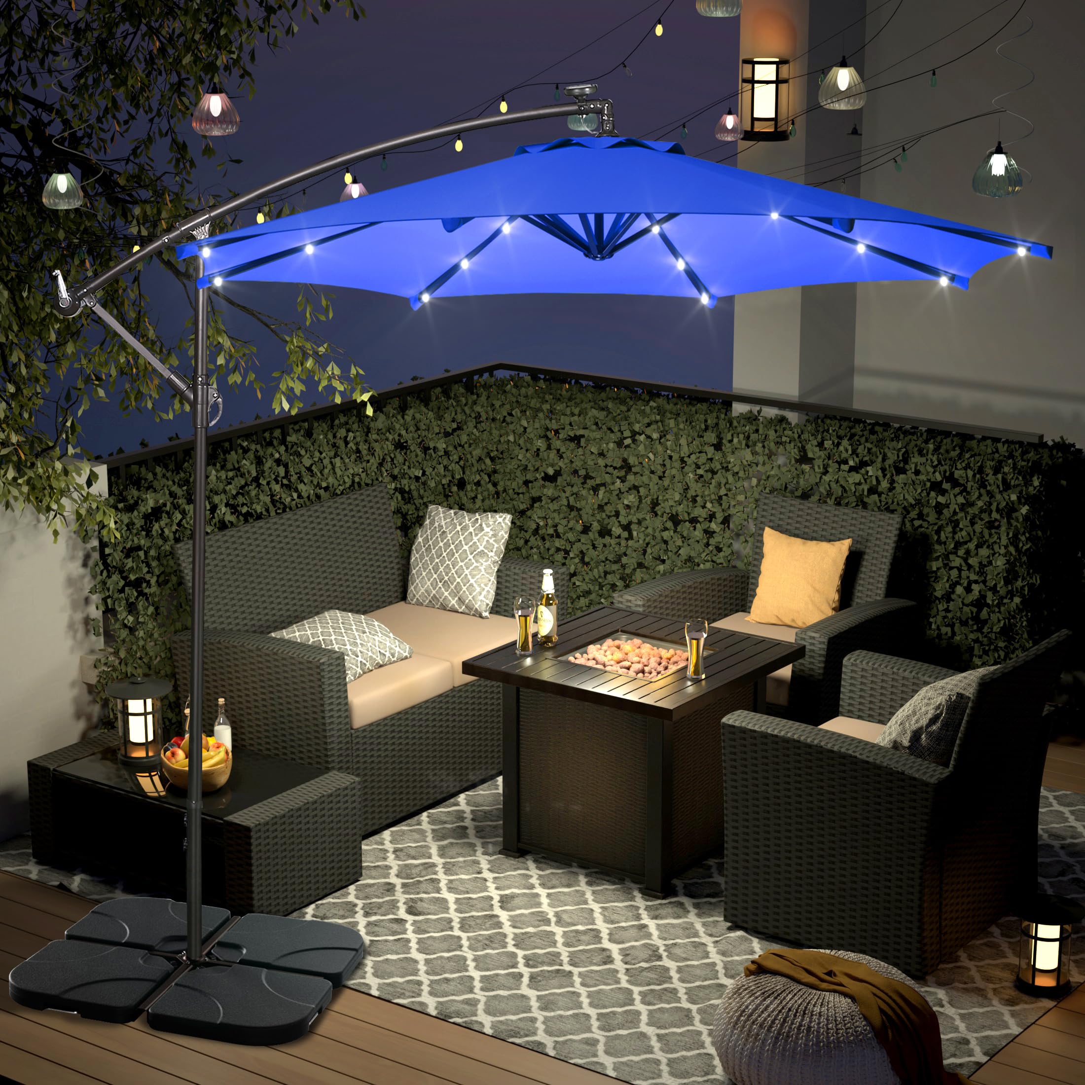 WO Home Furniture 10ft Cantilever LED Patio Umbrella Set with Stand - 2 Pack, Royal Blue - Perfect for Outdoor Dining, Poolside Lounging & Backyard Relaxation