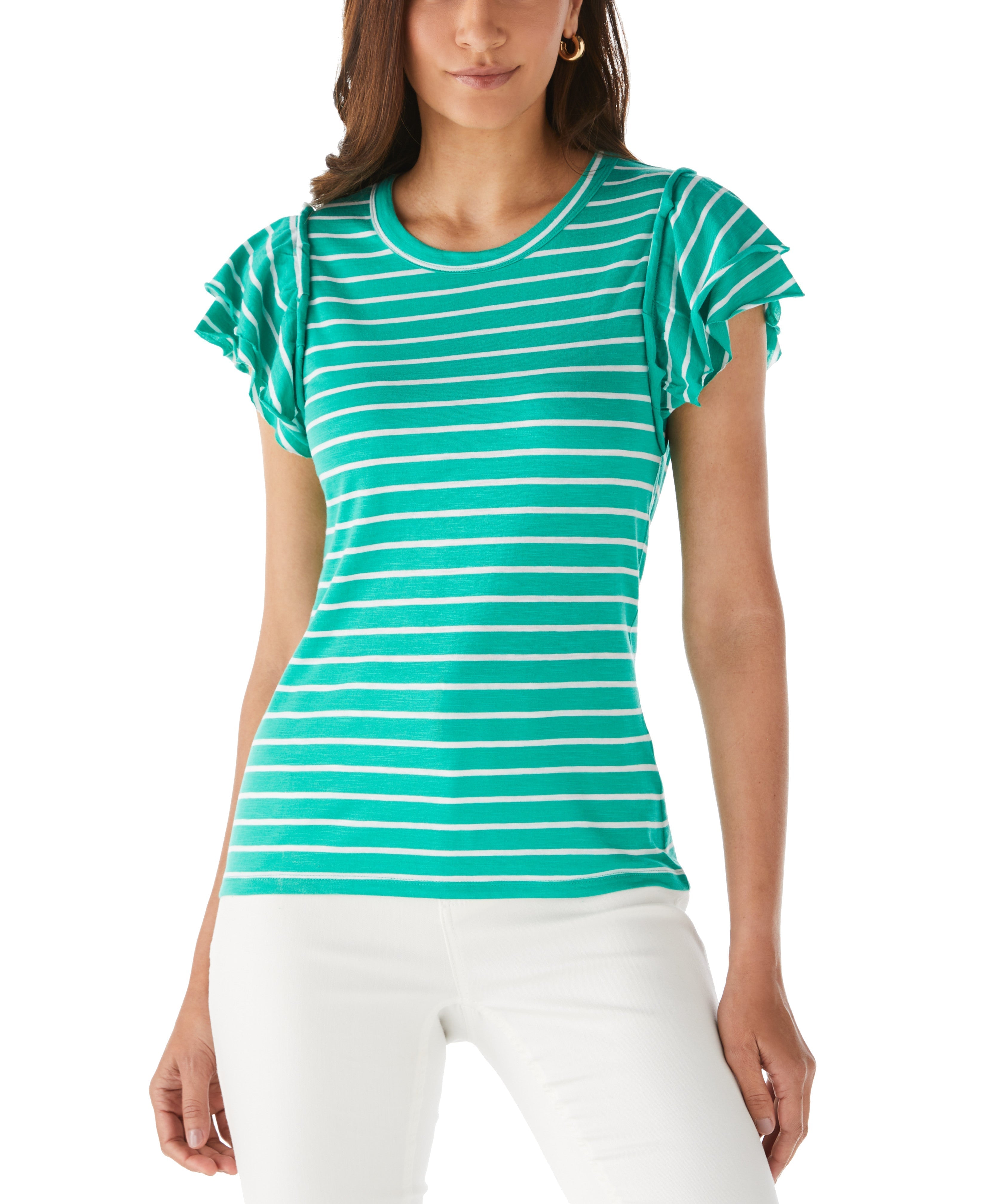 Stylish Petite Striped Ruffle Sleeve T-Shirt for Women - Casual Summer Top for Date Nights & Weekend Outfits