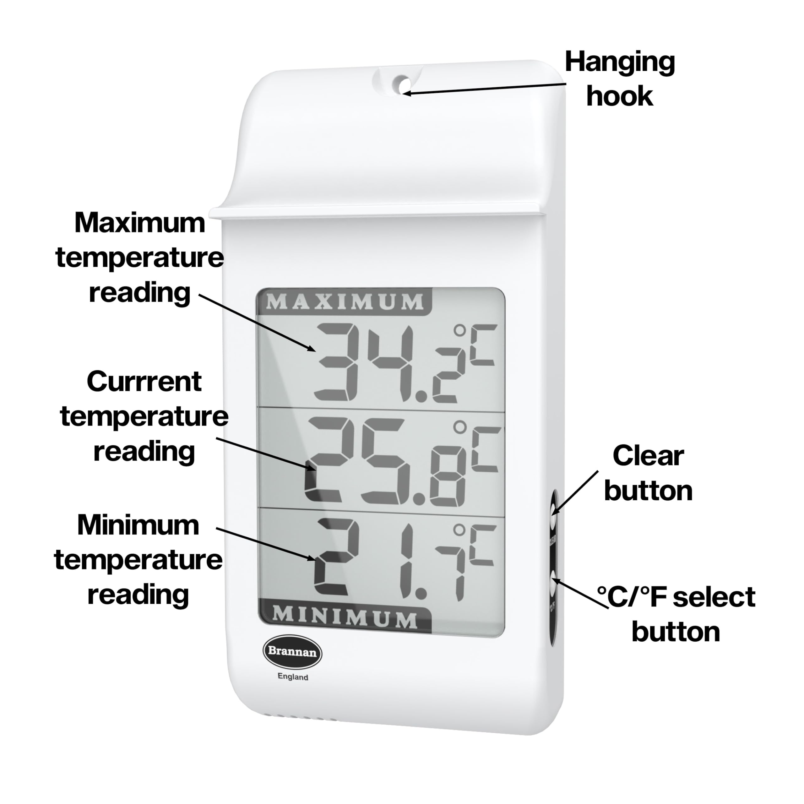Brannan Digital Max Min Greenhouse Thermometer - Accurate Temperature Monitor for Greenhouse, Garden, or Home Use - Wall Mounted Hygrometer for Indoor/Outdoor Plants - Perfect for Greenhouses, Nurseries, and Home Gardening