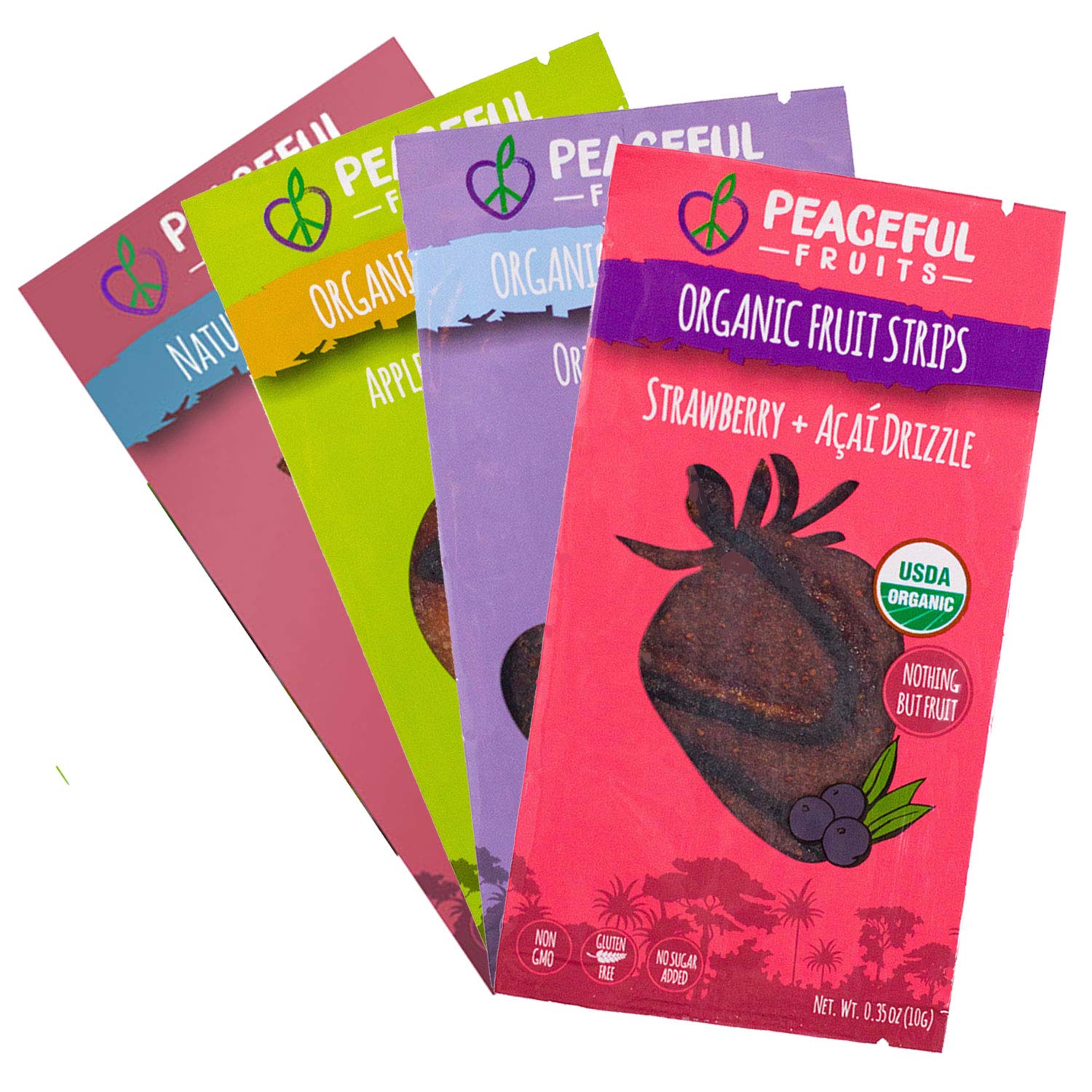 Organic Peaceful Fruits 100% Real Fruit Snacks Strips - Variety Pack (Strawberry, Acai, Passionfruit, Apple) - 12 Count - Healthy Vegan Gluten-Free On-the-Go Snacks for Kids & Adults - Perfect for Lunchboxes, Hiking & Office Snacking