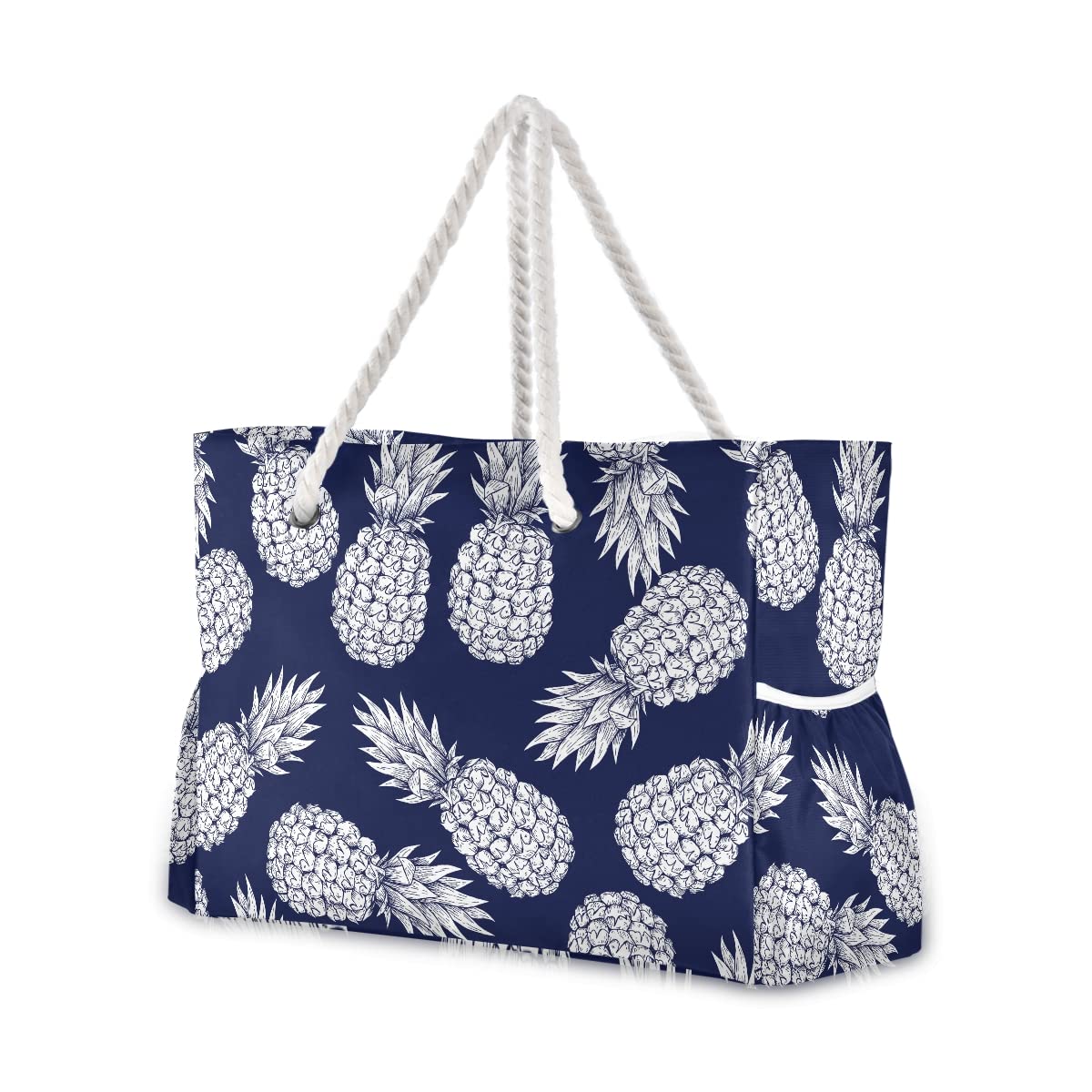ALAZA Large Pineapple Beach Tote Bag for Women - Navy Blue Reusable Shoulder Bag with Zipper Pocket | Perfect for Beach & Grocery Shopping