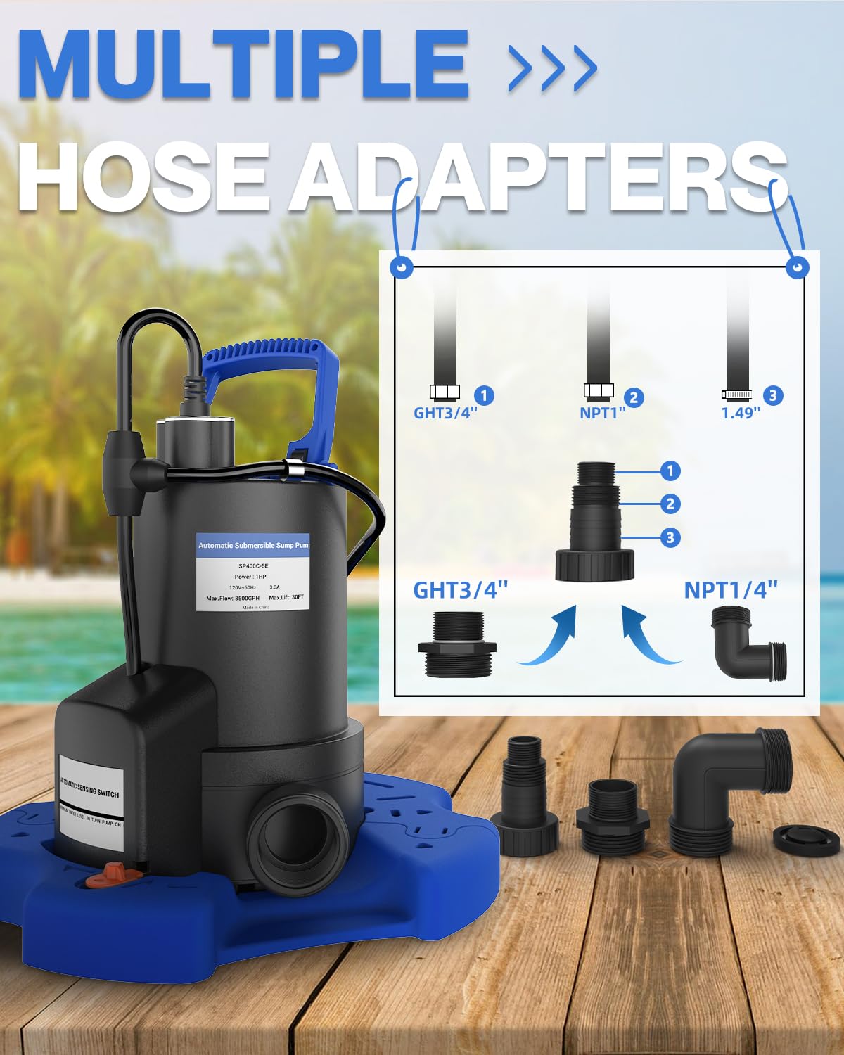 1 HP 3500 GPH Automatic Pool Cover Pump - Submersible Water Pump with Check Valve & 3 Adapters, 29.5FT Cord - Above Ground Automatic On/Off System, Sump for Basement Floods, Ponds, Spas & Pool Maintenance - Perfect for Home, Garden & Water Feature Applications