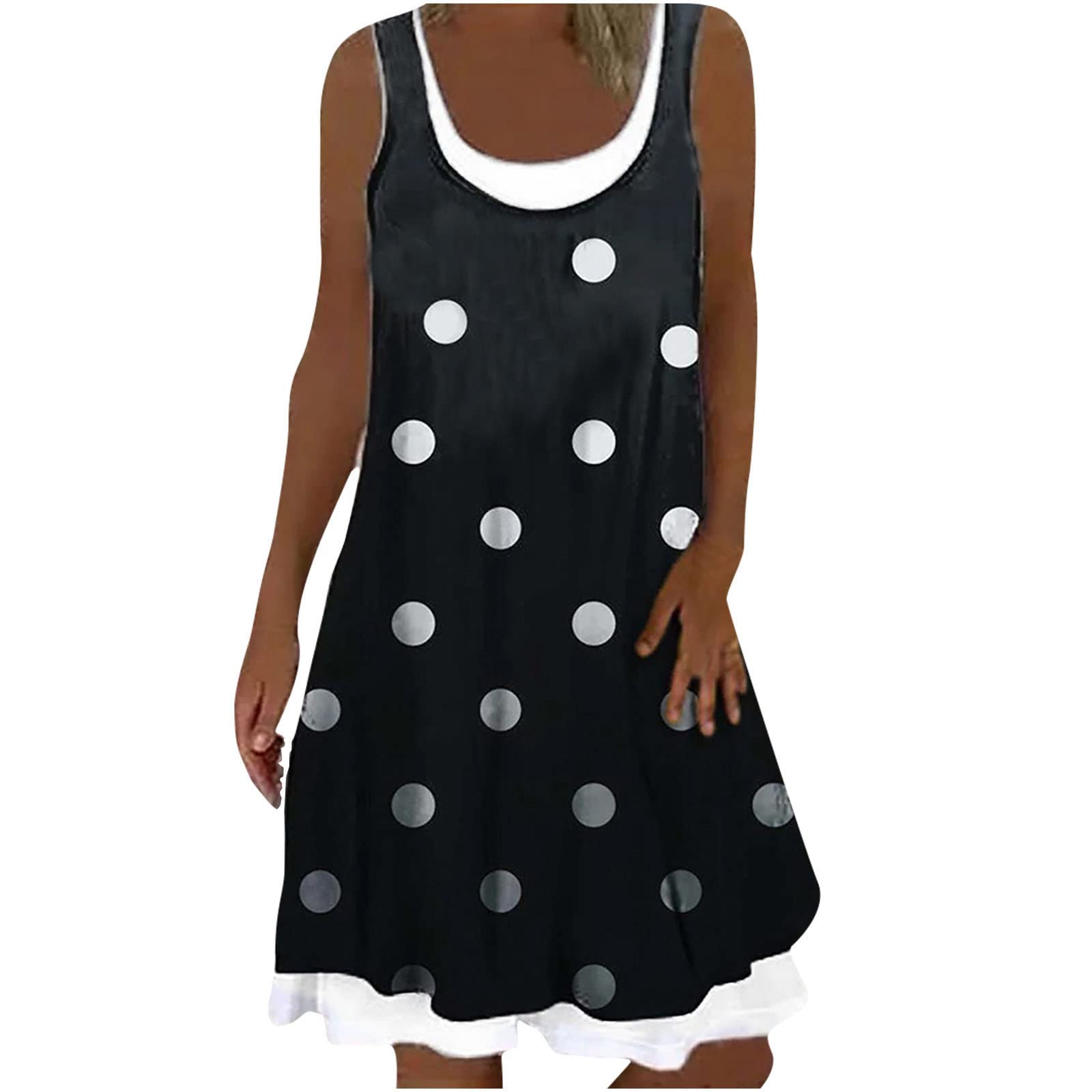 Women's Summer Dresses 2024 - Casual Sleeveless Round Neck Polka Dot Sundress, Beach Cover Up & Fake Two Piece Outfit for Vacation, Pool Party & Date Night