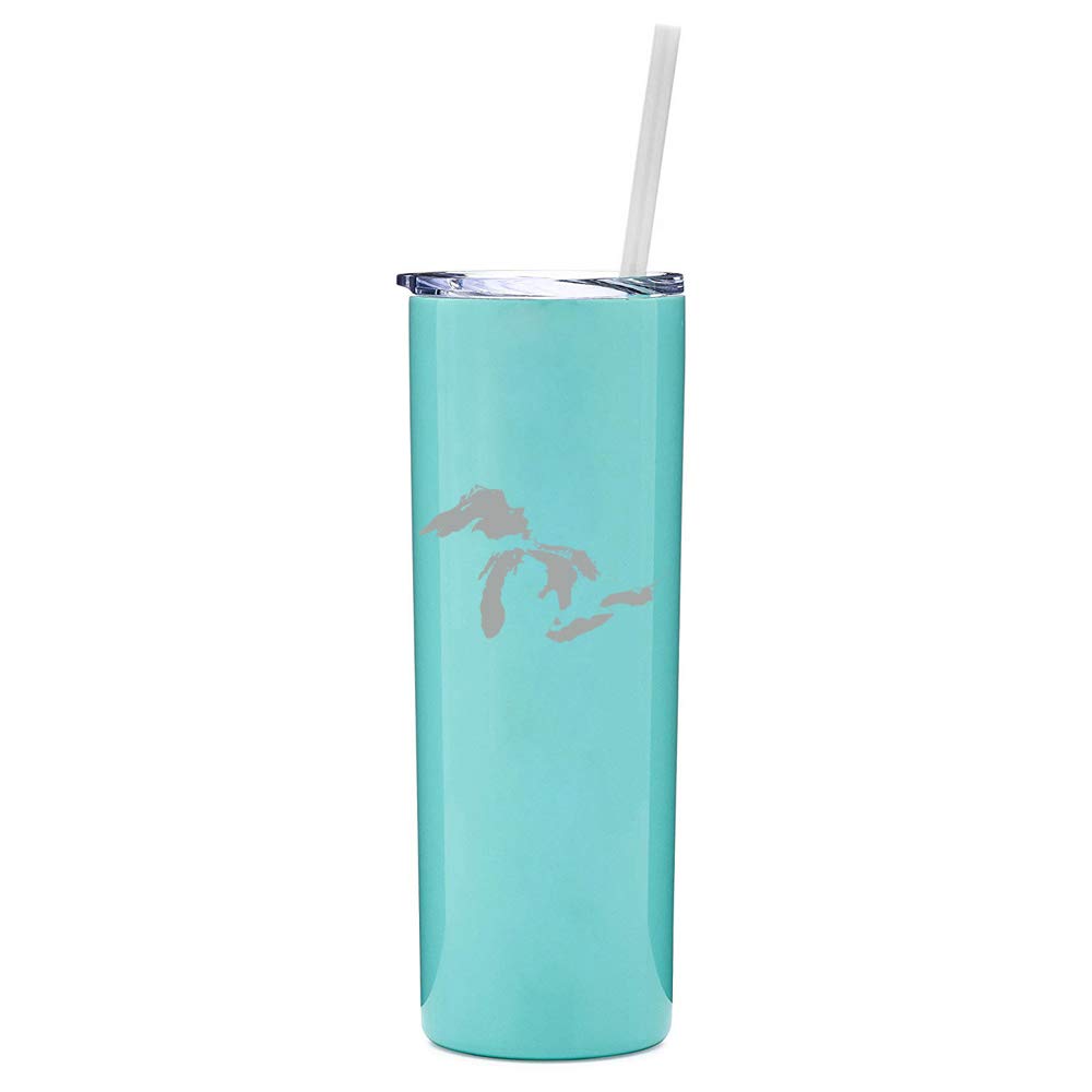 20 oz Skinny Tall Stainless Steel Vacuum Insulated Tumbler with Straw - Leakproof Travel Mug for Coffee & Tea - Great Lakes Michigan Design (Light Blue) - Perfect for Commuting, Hiking & Office Use