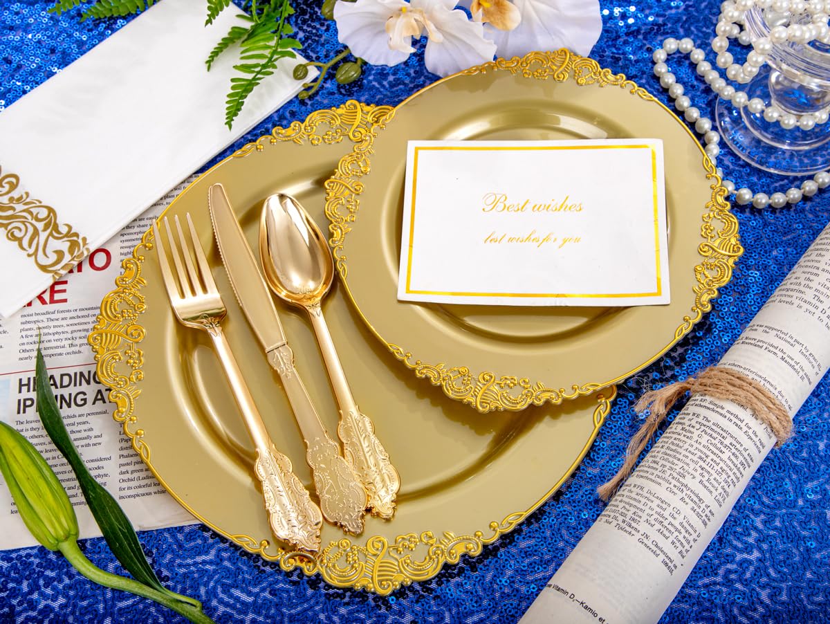 Morejoy 175PCS Elegant Gold Plastic Plates Set with Gold Rim - Disposable Dinnerware Includes 25 Dinner Plates, 25 Dessert Plates, 25 Cutlery Sets, 25 Napkins - Perfect for Wedding, Birthday Party, Baby Shower & Holiday Celebrations