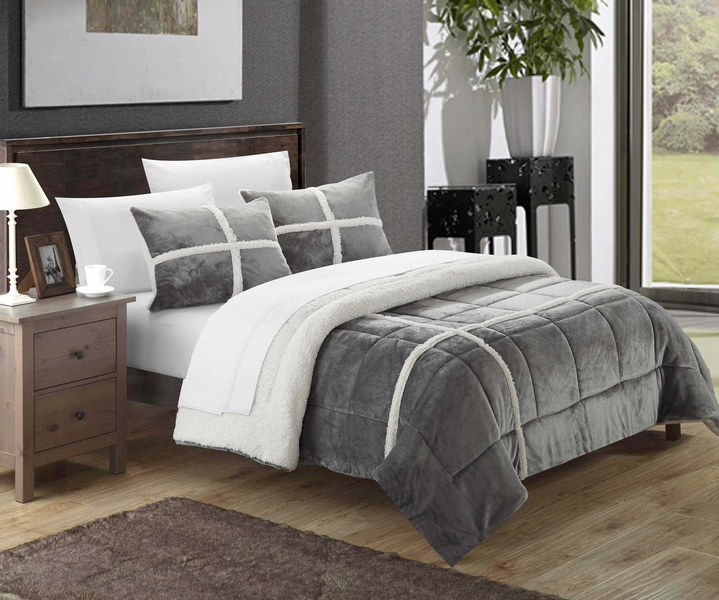 Chic Home 2-Piece Chloe Sherpa Comforter Set - Twin XL Size, Soft Silver Luxury Bedding for Cozy Winter Nights & Dorm Room Essentials