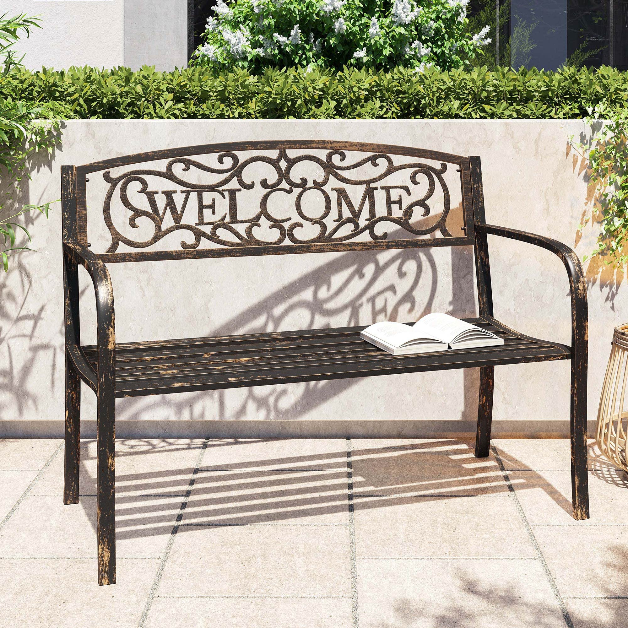 BELLEZE 50 Inch Outdoor Garden Bench - Cast Iron Metal Loveseat with Armrests for Park, Yard, Porch, Lawn, Balcony | Antique Patio Furniture Welcome Design in Brown | Perfect for Relaxing in Gardens, Backyards and Outdoor Spaces