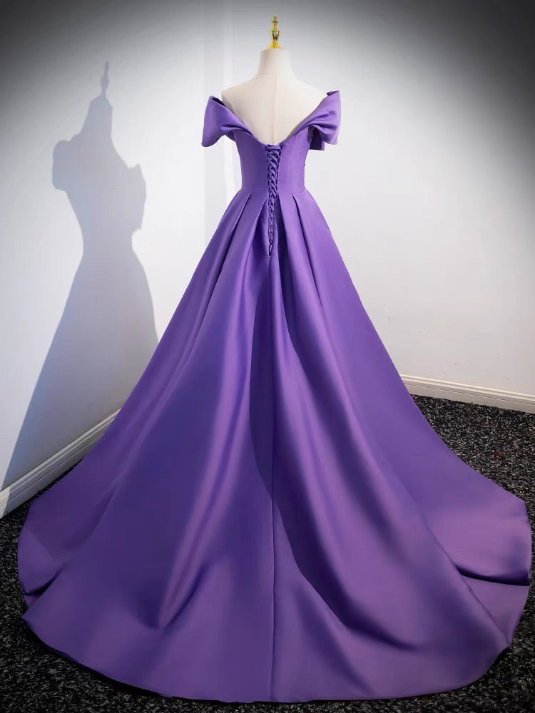 Elegant Off-The-Shoulder Purple Satin A-Line Long Prom Dress J3230 for Homecoming, Wedding, and Formal Events