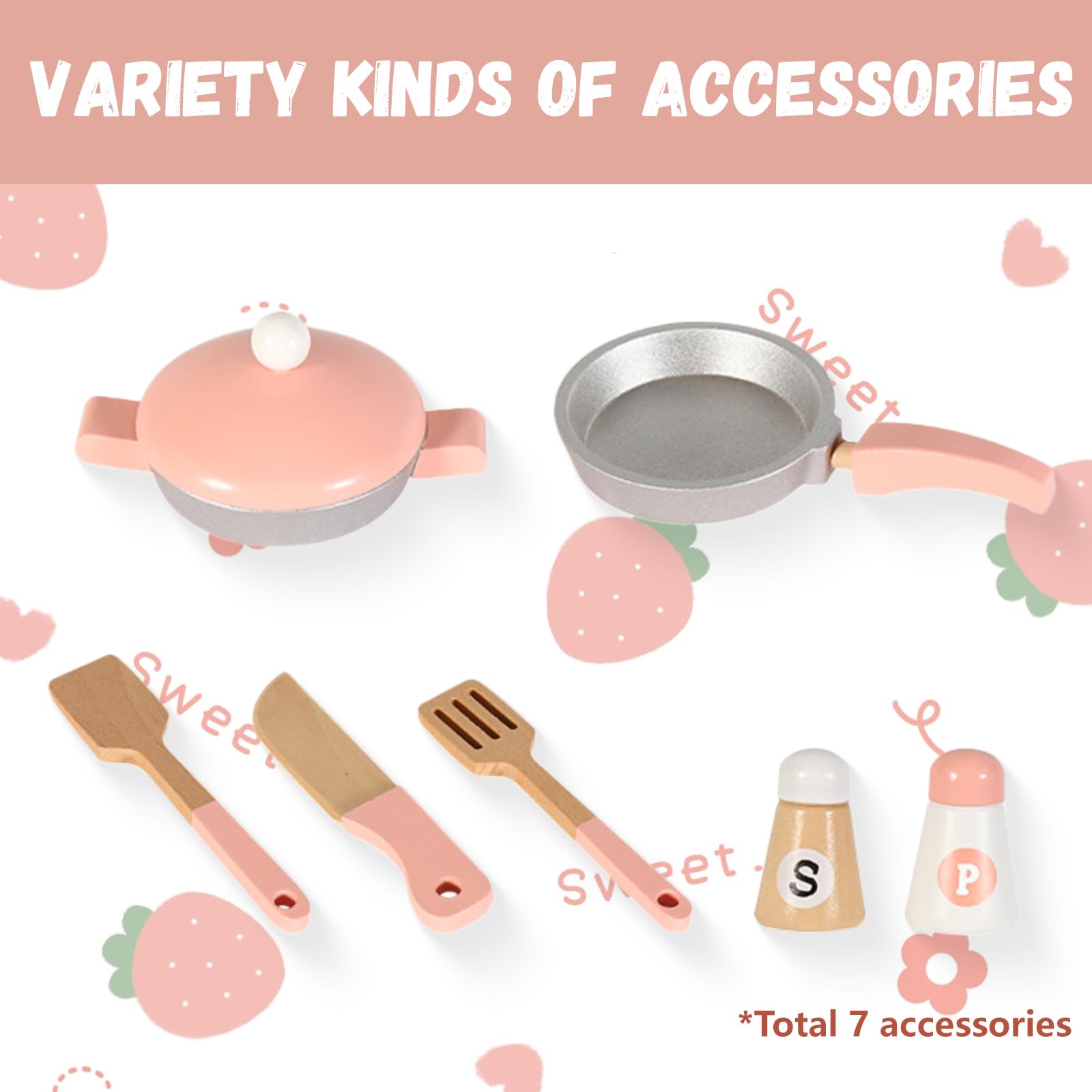Wooden Pink Kitchen Playset for Kids - Pretend Play Kitchen Utensils & Accessories, Montessori Learning Toy, Pretend Cooking Playset for Girls 3+, Ideal for Home & Preschool Playrooms