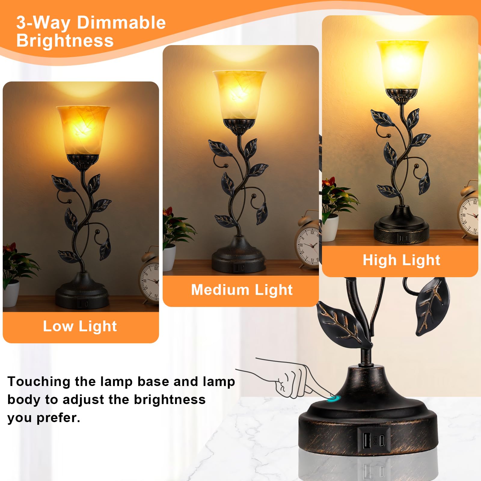 Kakanuo 3-Way Dimmable Touch Table Lamp with USB Charging Ports - Retro Amber Glass Lampshade LED Bedside Lamp for Bedroom & Living Room (Perfect for Reading, Nightstand Decor, and Ambient Lighting)