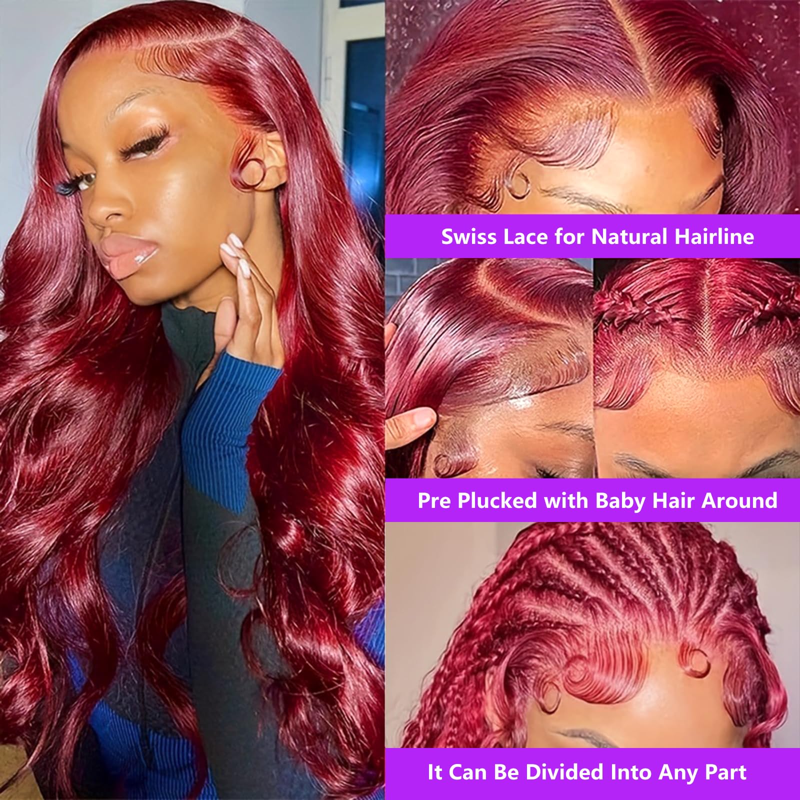 99J Burgundy Lace Front Wigs Human Hair 13x4 HD Glueless Brazilian Virgin Hair - Red Body Wave Frontal Wigs with Bleached Knots 180% Density 28 Inch | Perfect for Cosplay, Parties, Weddings & Daily Wear