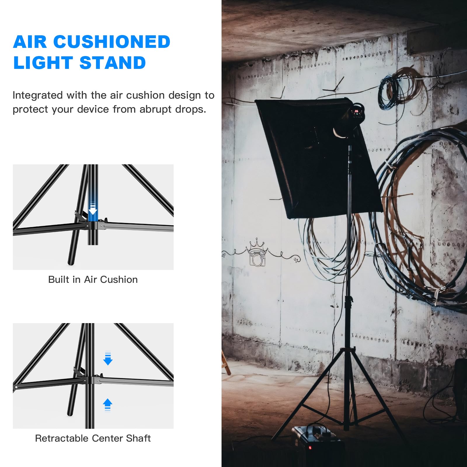 Heavy Duty 9.8ft Adjustable Light Stand - 3m Photography Tripod with Air Cushion, 22LB Capacity & 1/4