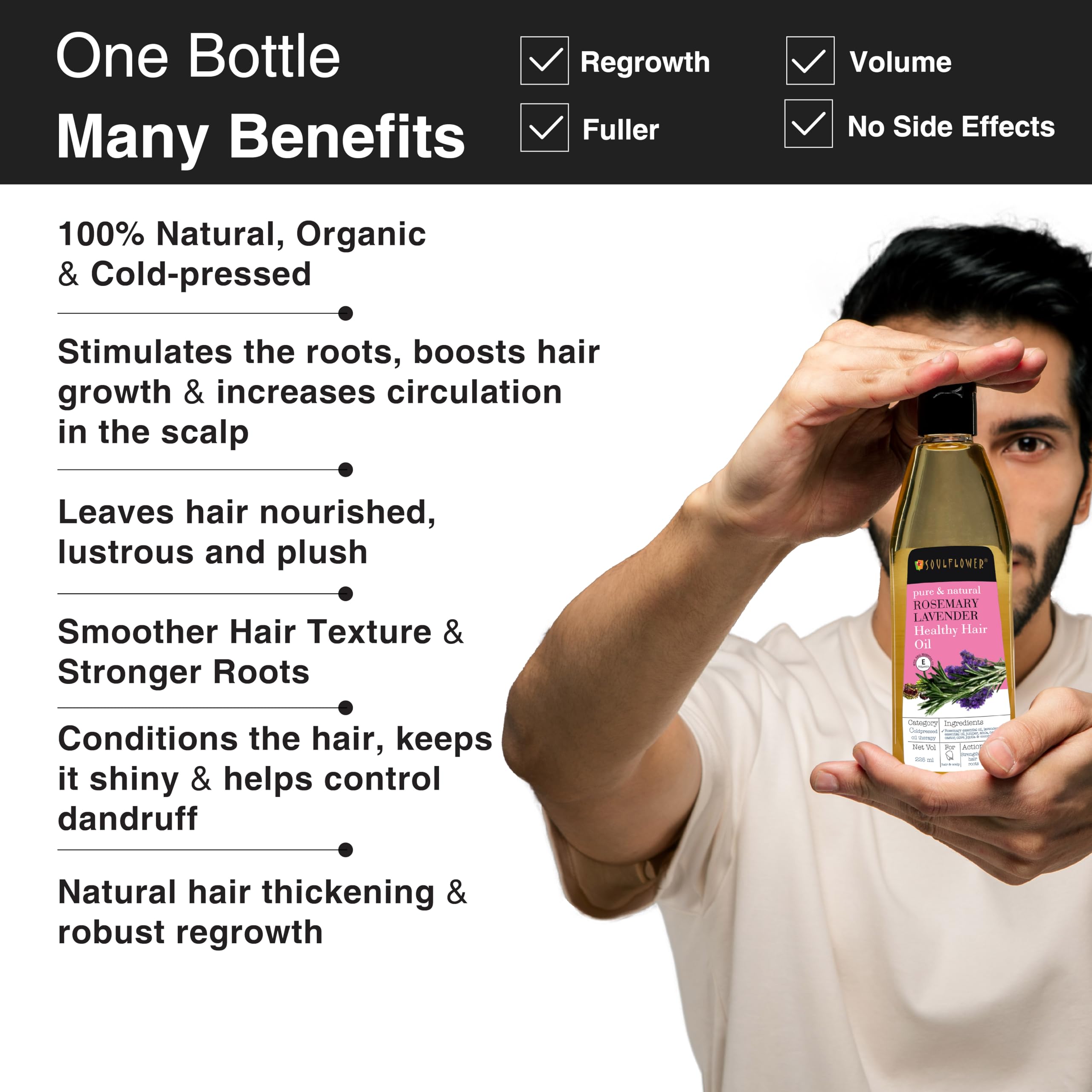 Soulflower Rosemary Lavender Bhringraj Hair Oil for Hair Growth - 100% Pure Natural Cold Pressed Hair Treatment (225ml x 2 Pack) | Strengthens & Nourishes Hair Roots | Perfect for Daily Scalp Massage & Overnight Hair Care