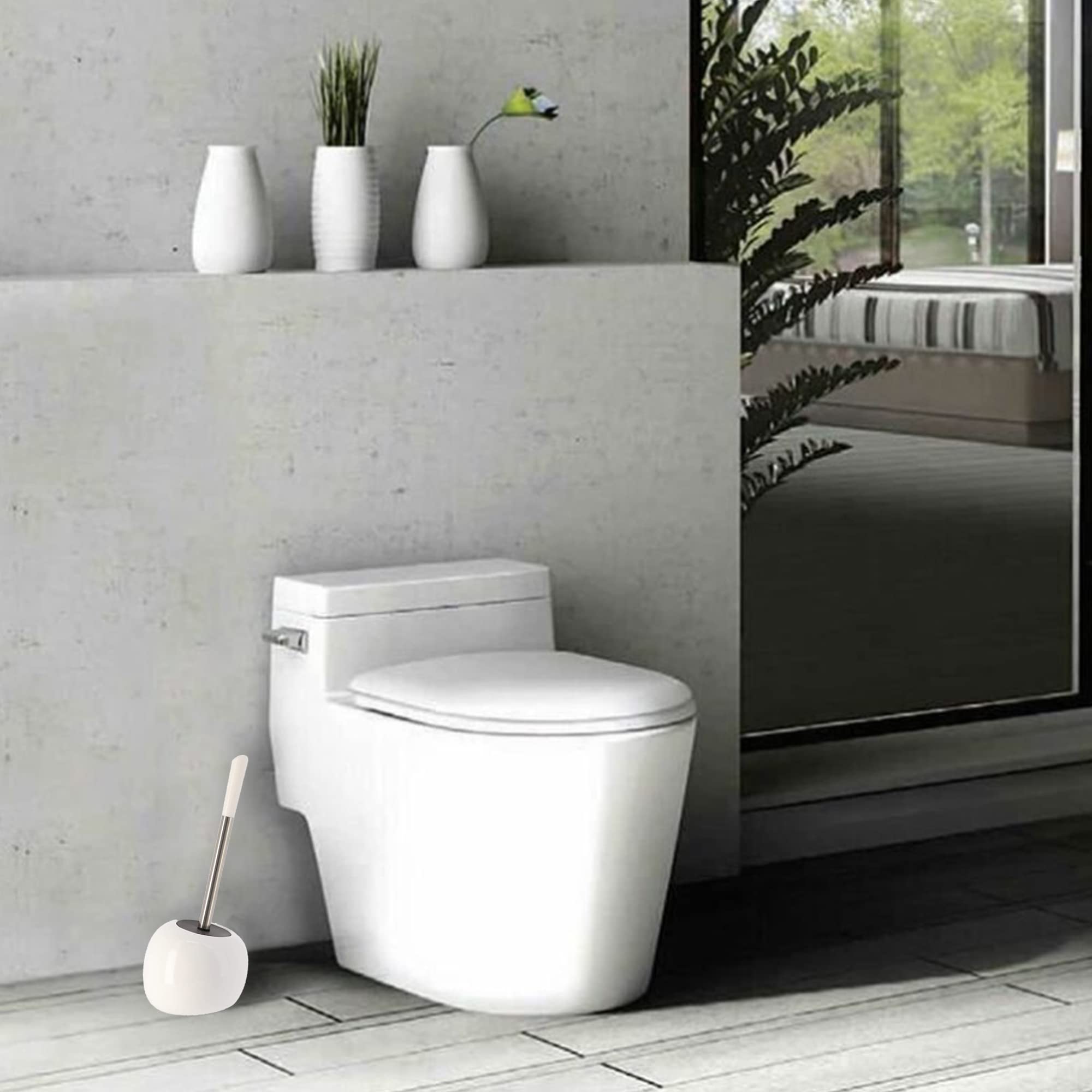 Freestanding White Toilet Brush and Holder Set - Bathroom Cleaning Essentials for Home & Office Use