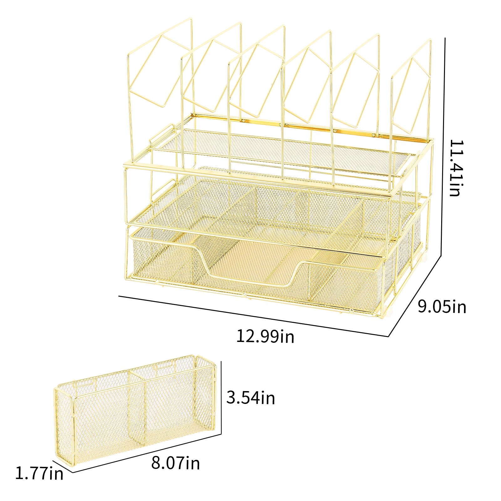 Youbetia Gold Double Tray Desk File Organizer with 5 Upright Sections, Pencil Holder & Drawer - Office Supplies for Workspace Organization | Perfect for Home Office, Study Desk & Office Workstation Accessories