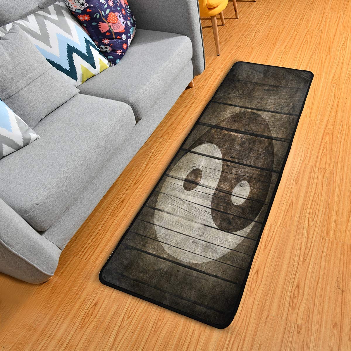 ALAZA Yin Yang Wooden Area Rug - 2' x 6' Handmade Oriental Floor Mat for Living Room, Bedroom & Kitchen Decor | Feng Shui Home Accent & Meditation Space Design