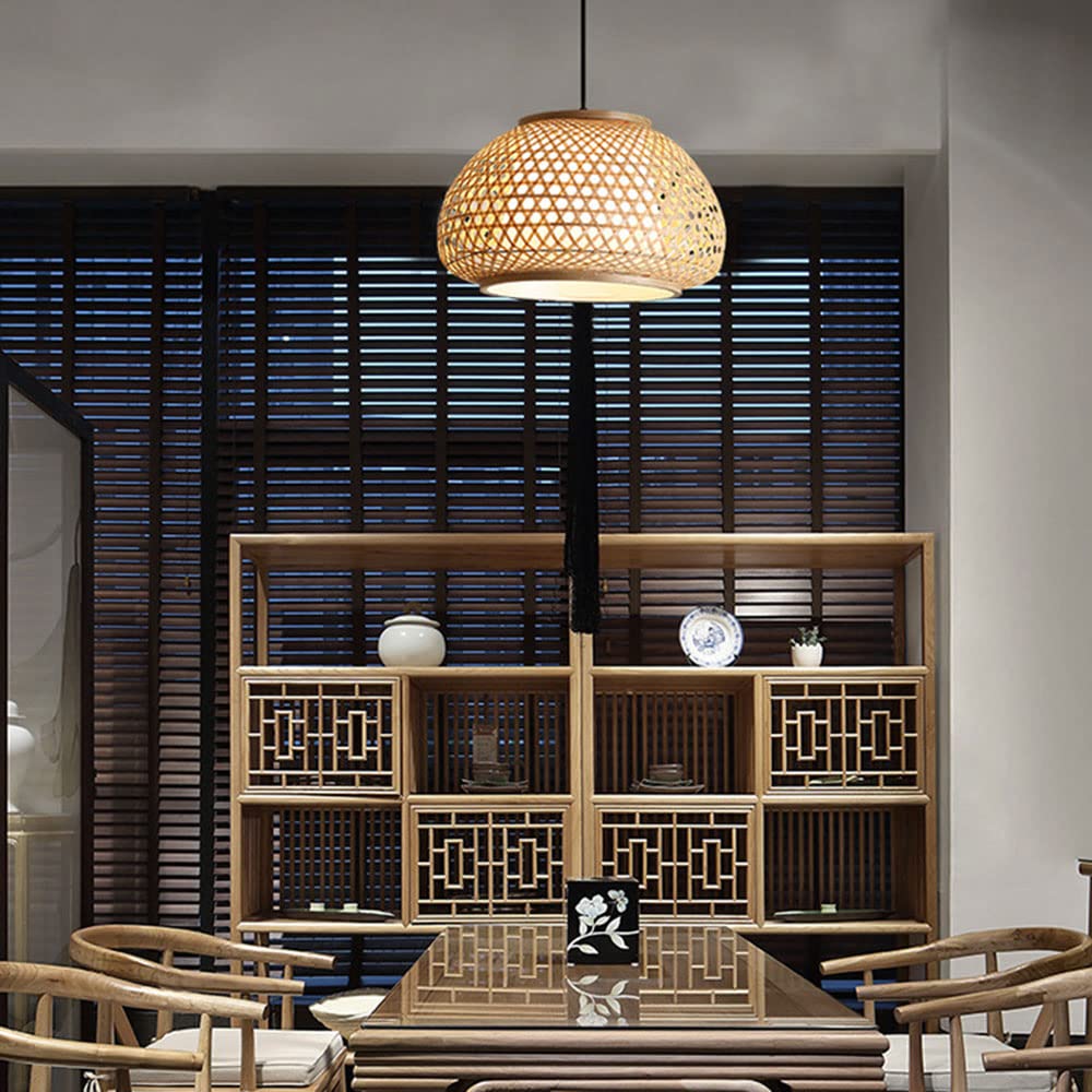 Bamboo Art Pendant Light - Chinese Style Wicker Lantern Suspension Lighting with E27 Socket for Kitchen Island, Bedroom, Restaurant & Coffee Bar | Rustic Home Decor & Ambient Dining Lighting