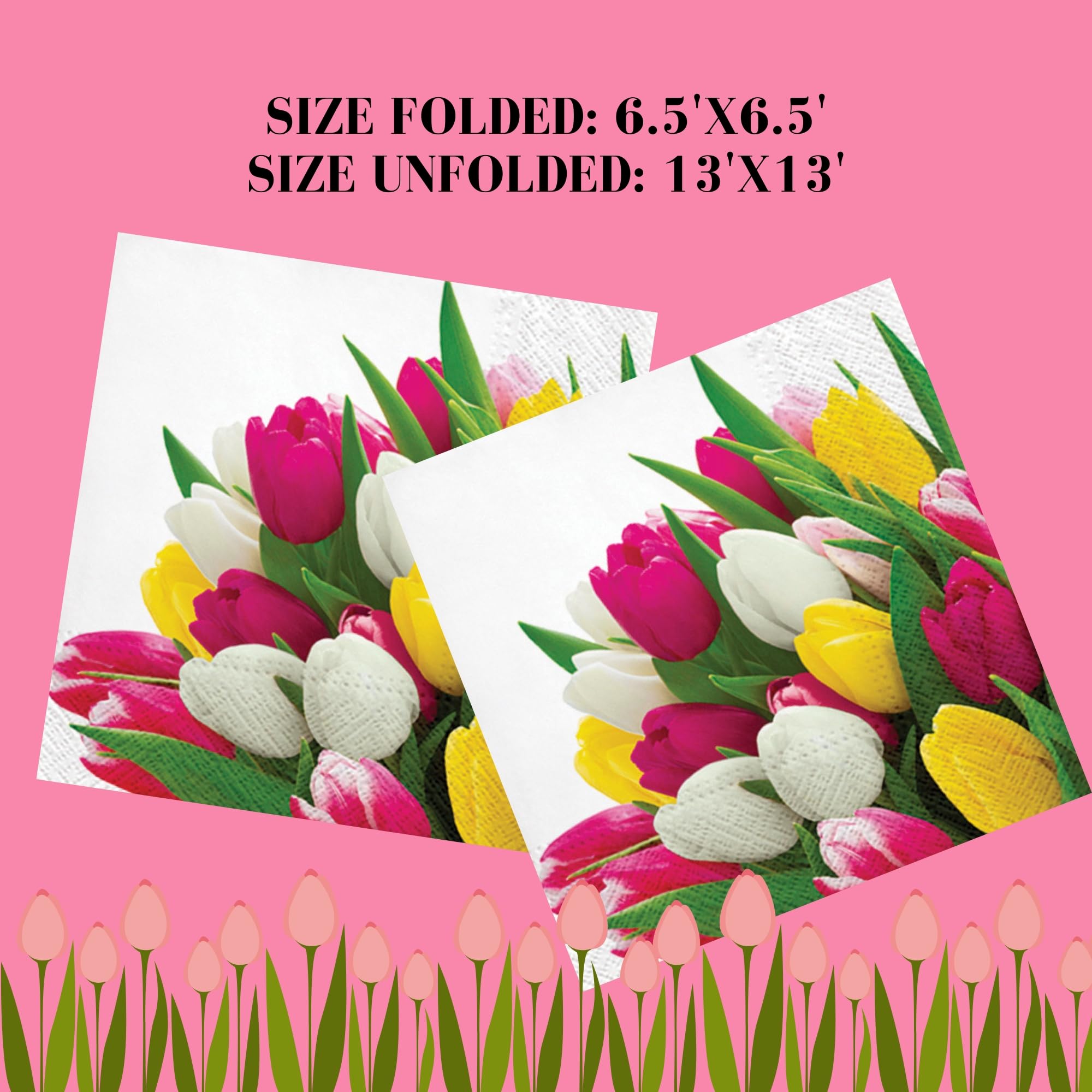 20-Count 13x13 Inch Tulip Printed 3-Ply Decoupage Paper Napkins for Christmas, Dinner & Party Decor - Disposable Luncheon Serviettes with Floral Design - Perfect for Table Settings, Wedding Receptions & Spring Tea Parties (Bunch of Tulips)