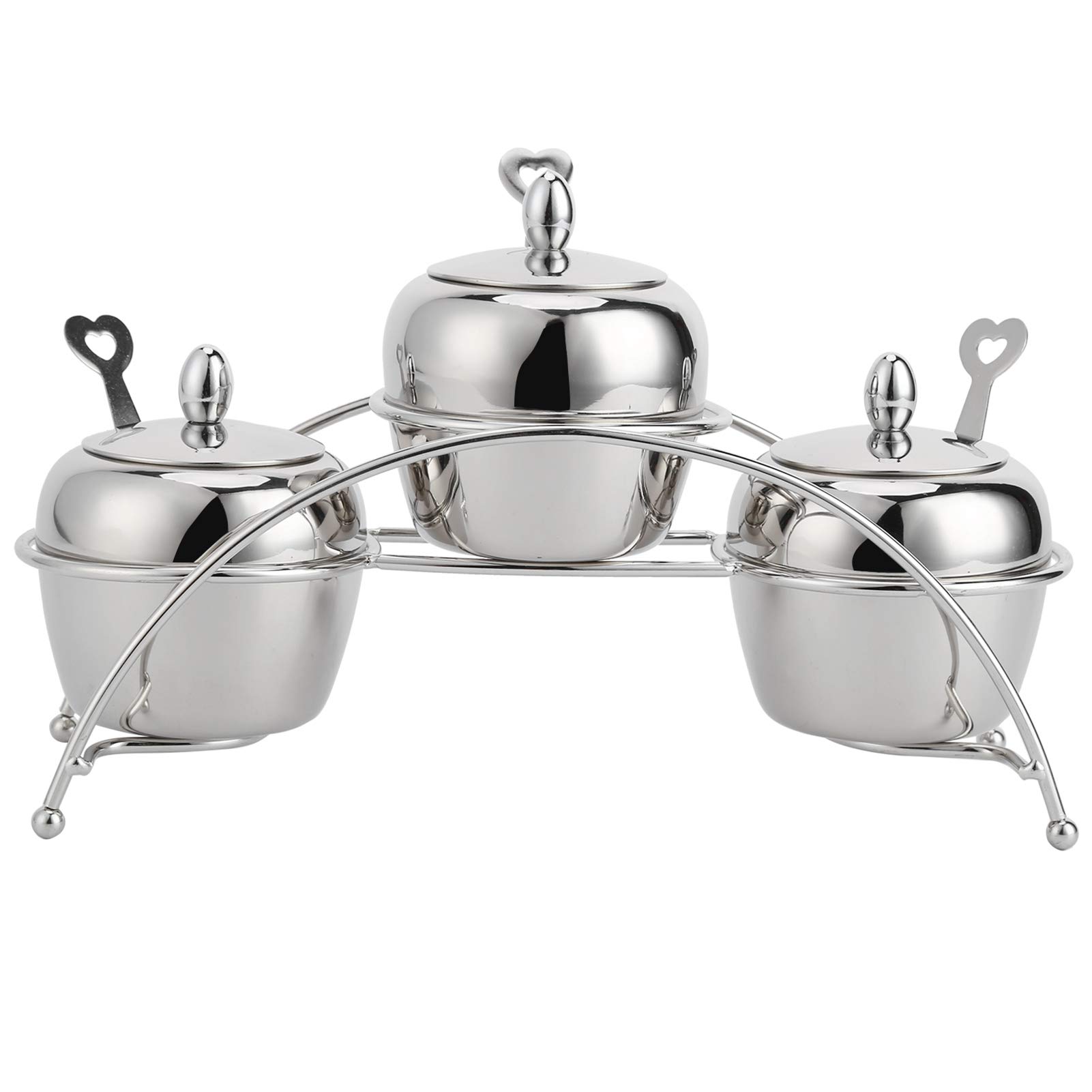 3-Piece Stainless Steel Spice Containers Set with Heart-Shaped Spoon Lids & Storage Holder - Airtight Seasoning Jars for Salt, Sugar, Pepper, Chili, Sesame - Perfect for Kitchen, Pantry Organization & Cooking Essentials (J13396S4)