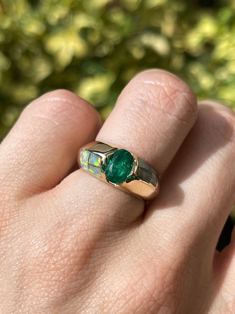 1.05ct 14K Gold Natural Green Oval Emerald & Opal Accent Statement Men's Ring for Wedding, Engagement & Special Occasions - Luxury Jewelry Gift for Him