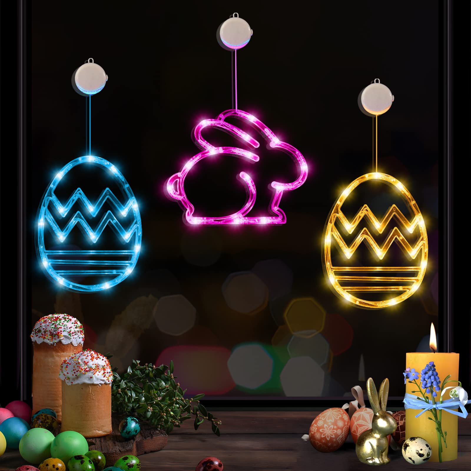 LOLStar Easter Window Lights - 3 Pack Easter Egg & Bunny Shaped String Lights with Suction Cups (Pink, Yellow, Blue) - Battery Operated Indoor Decor for Easter Home, Party, Bedroom, Nursery - Perfect for Spring Festival, Holiday Decorations & Gift Giving