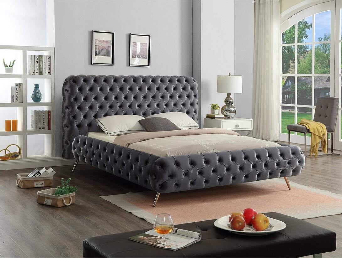 Luxury Grey Velvet Fabric Bed Frame with Extra Deep Button Tufting & Chrome Metal Legs - Modern Platform Bed for Master Bedroom, Guest Room & Apartment Decor