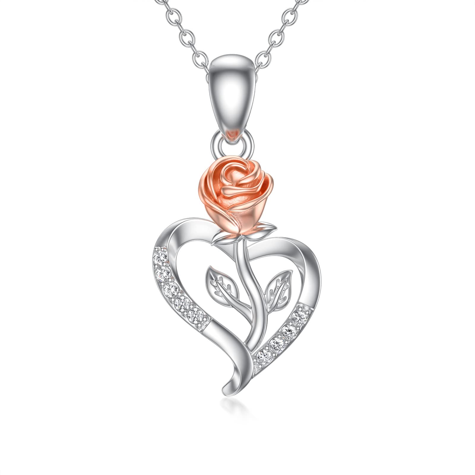 SISGEM 18K White Gold & Rose Gold Plated 925 Sterling Silver Diamond Heart Pendant Necklace for Women - Rose Flower Design, 18