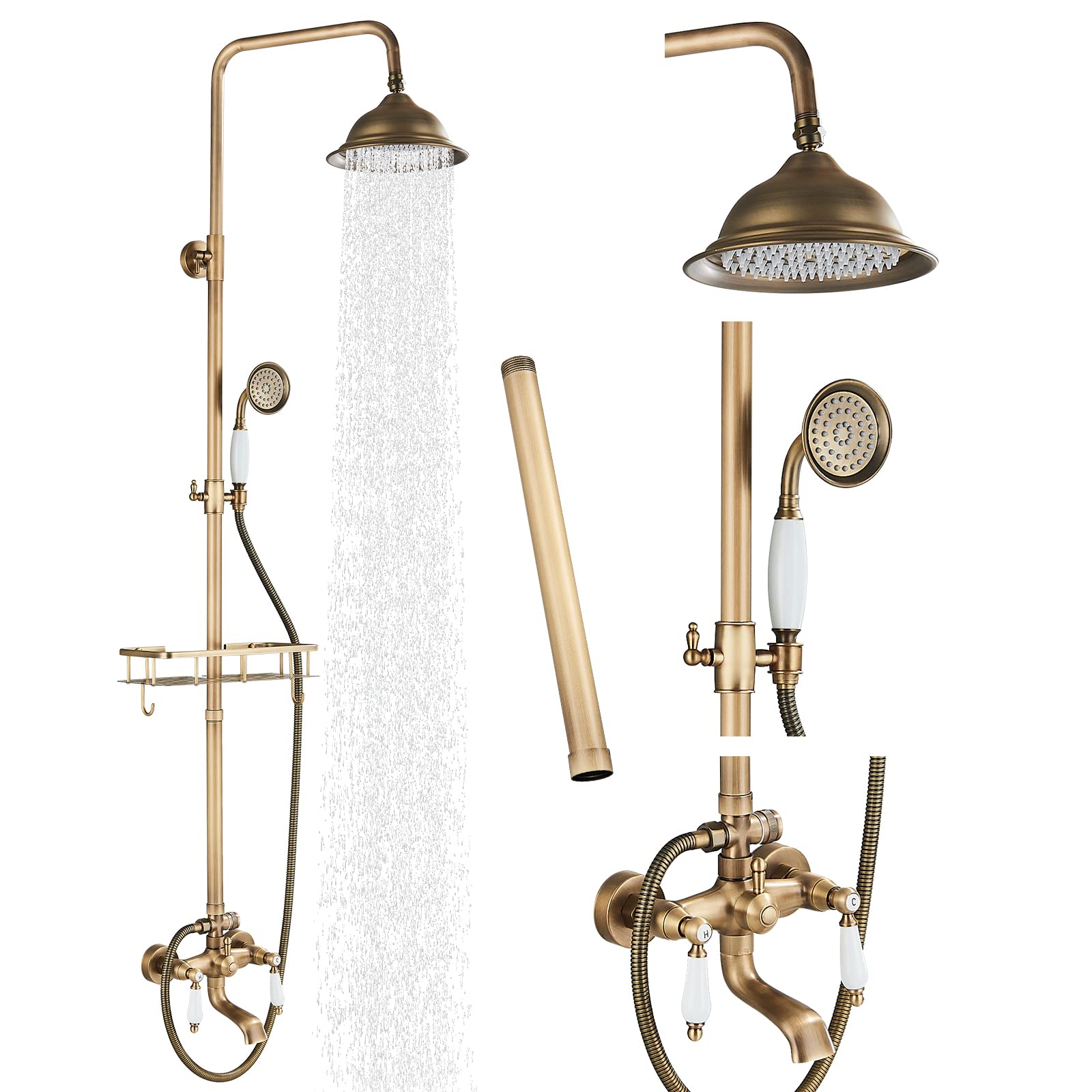 Antique Brass Shower System Set - 8 Inch Rain Shower Head, Double Cross Handle Faucet, Tub Spout & 12 Inch Extension Tube - Vintage Bathroom Fixture for Luxurious Spa Experience at Home