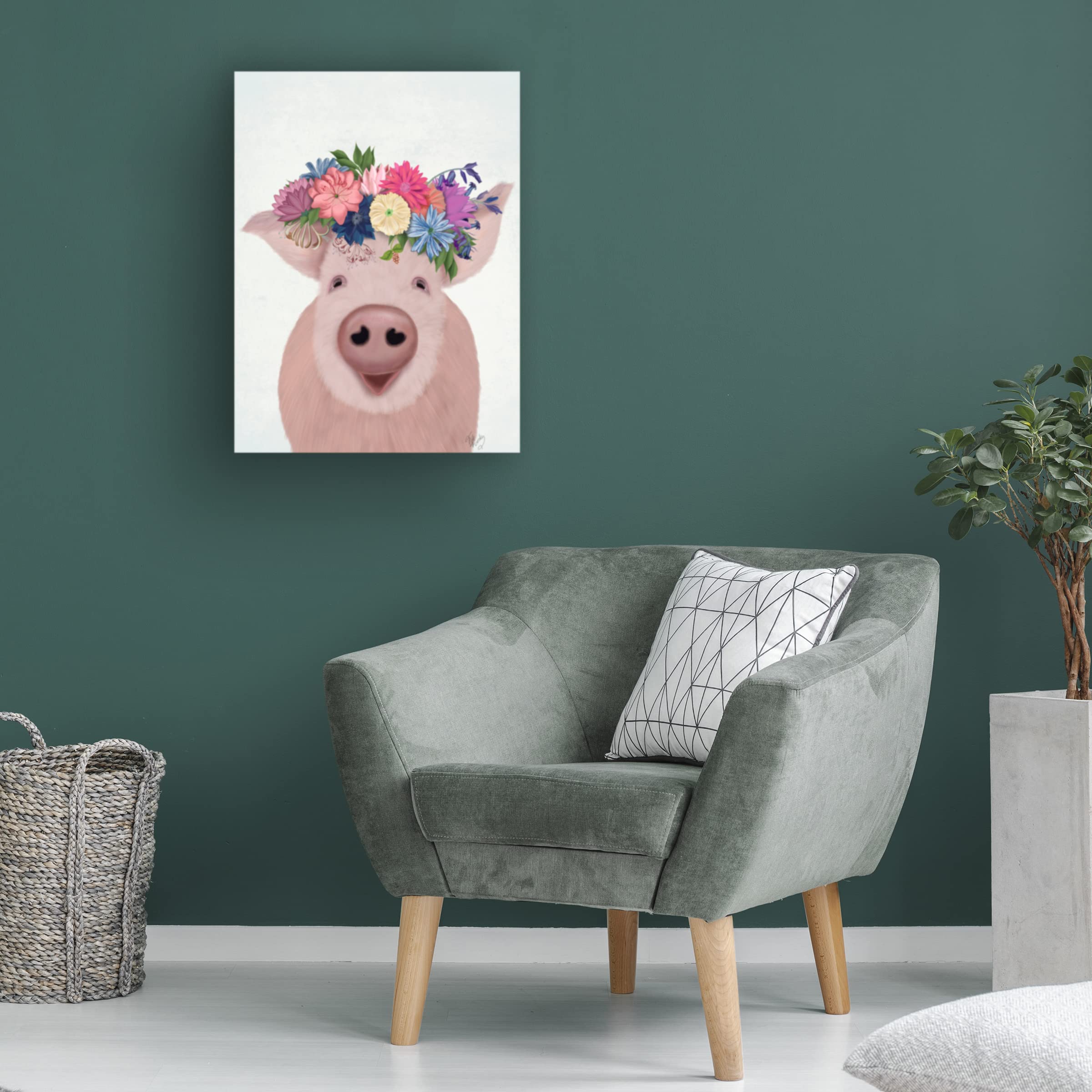 Fab Funky 'Pig and Flower Crown' Canvas Wall Art Print - Modern Home Decor for Living Room, Bedroom & Office - Trademark Fine Art Collection