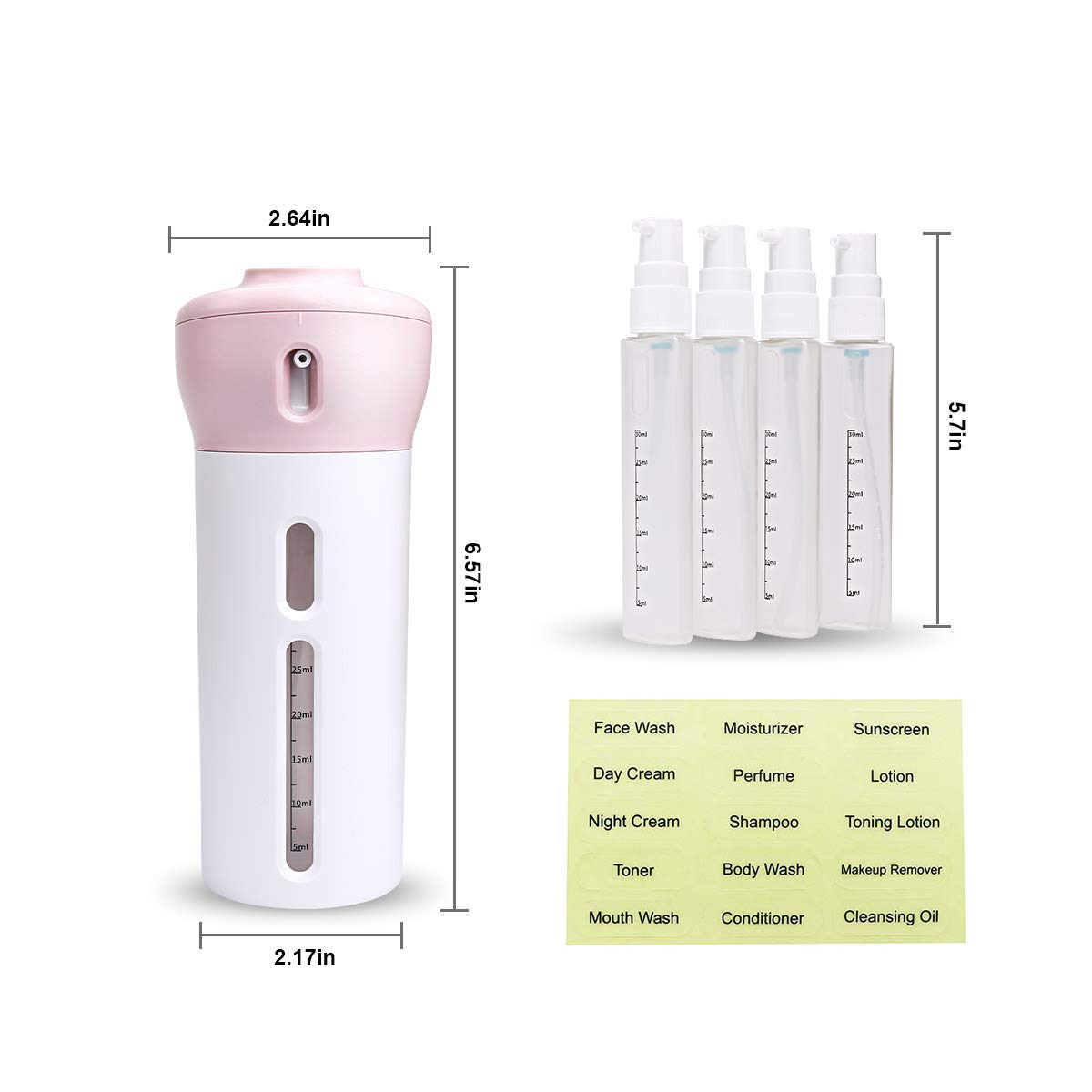 Travigo 4-in-1 Travel Dispenser Bottle Set - 4 Pack 40mL TSA Approved Leakproof Cosmetic Containers for Shampoo, Lotion & Skincare (Pink Plastic) - Perfect for Air Travel, Gym & Vacation Toiletries