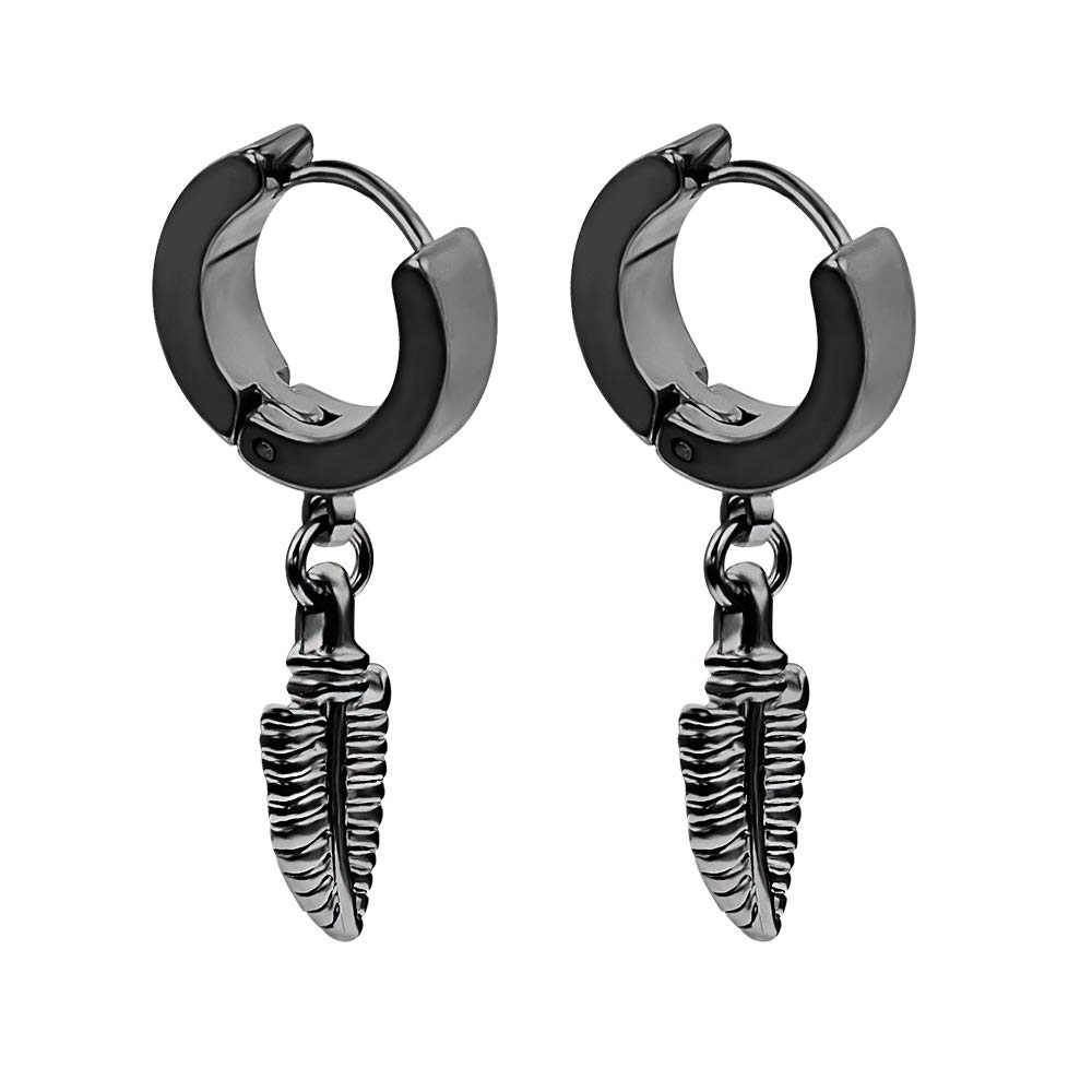YC_jewelry Stainless Steel Feather Dangle Earrings | Hoop Huggie Feather Drop Earrings for Men, Women & Teens | Hinged Piercing Hoops | Perfect for Parties, Weddings & Everyday Wear