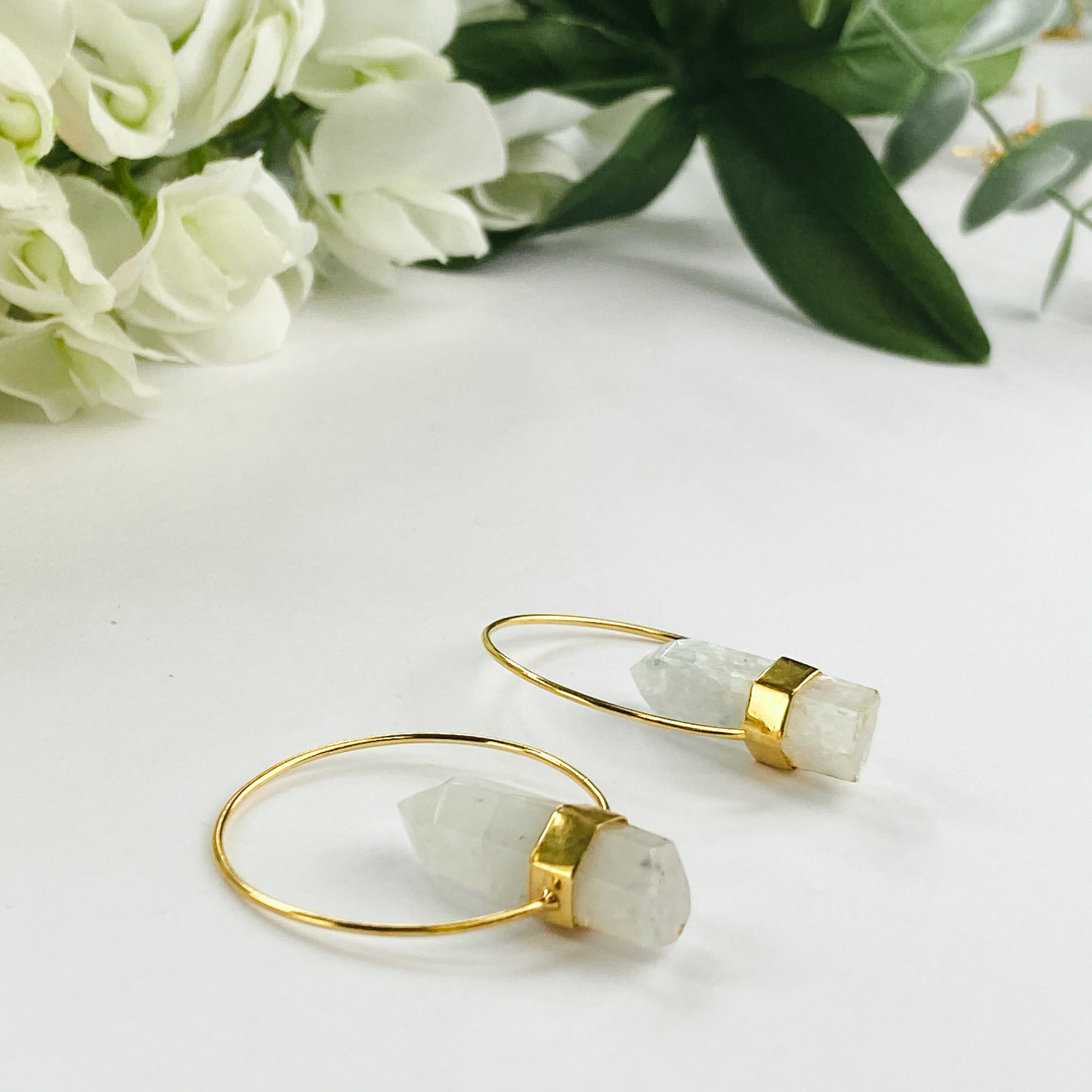 18K Gold Plated Hoop Earrings with Raw Moonstone Points - Elegant Boho Jewelry for Women, Perfect for Everyday Wear, Parties & Special Occasions