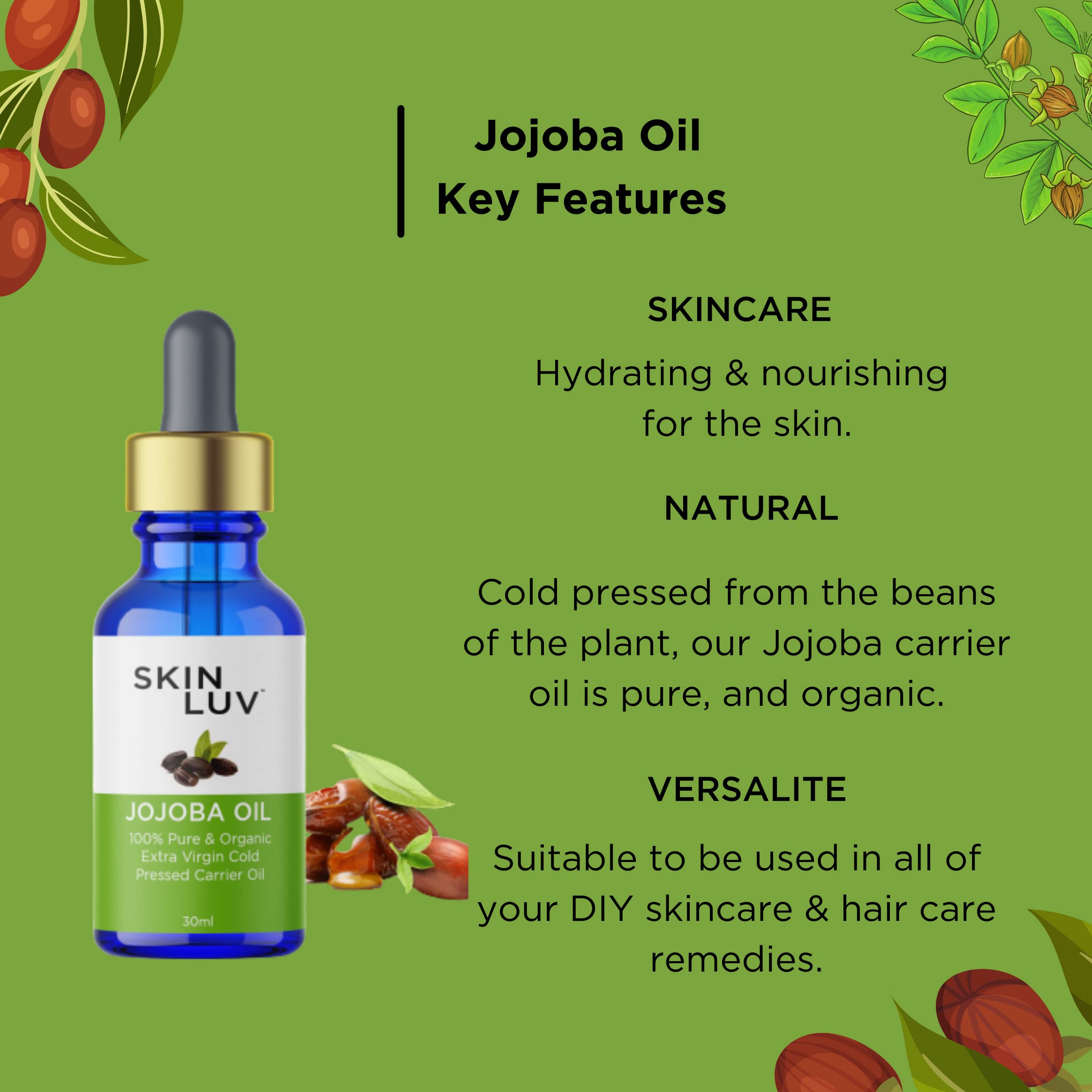 100% Pure Organic Jojoba Oil Extra Virgin Cold Pressed - Natural Acne Treatment, Anti-Aging Face Oil & Hair Growth Serum | Carrier Oil for Skin & Hair Care | 30ml Bottle for Daily Moisturizing & Massage