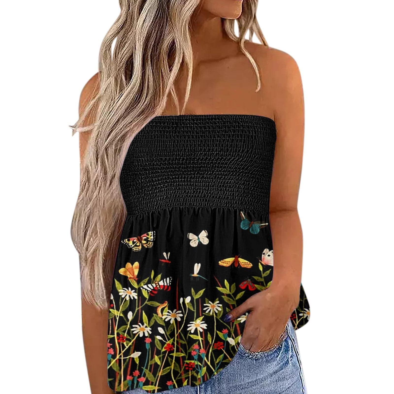 Women's Summer Casual Tunic Tops - Cute Feather Graphic Flowy T-Shirt, Sexy Strapless Tube Top Sleeveless Blouse | Perfect for Beach Outings, Date Nights & Summer Vacations