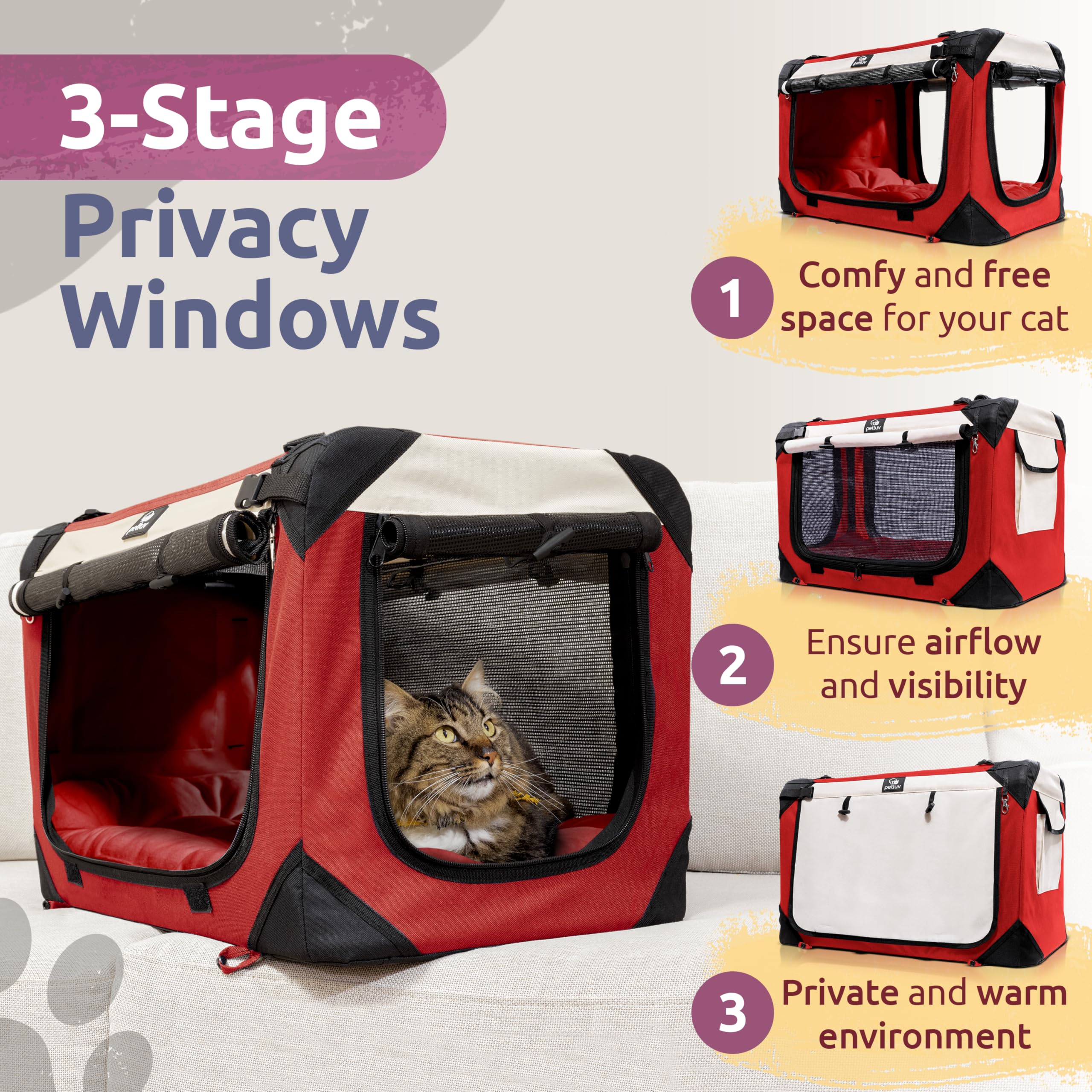 Large Soft-Sided Collapsible Pet Carrier for 2 Cats or Medium Dogs - Travel Bag with Locking Zippers & Removable Soft Bed (Red) - Perfect for Air Travel, Vet Visits & Road Trips