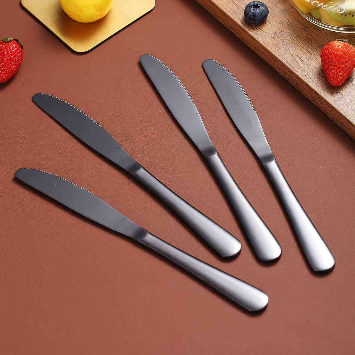 Berglander 4-Piece Black Dinner Knives Set - Stainless Steel with Titanium Plating, Shiny Black Butter Knife & Spreader - Durable, Dishwasher Safe - Perfect for Fine Dining, Dinner Parties & Everyday Use