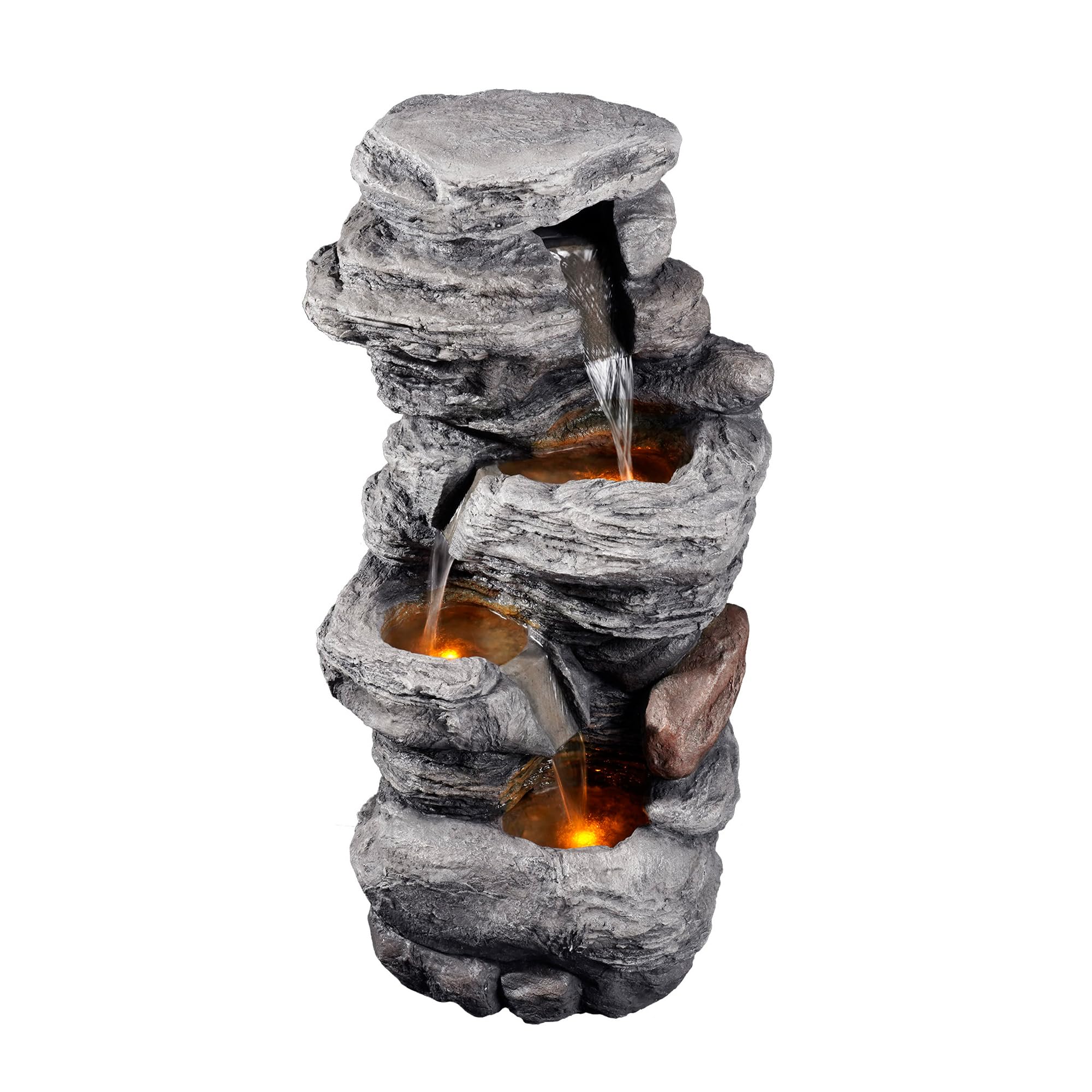 Teamson Home 39.37 Inch Outdoor Gray Faux Stacked Stone 4-Tier Water Fountain with LED Lights and Pump - Perfect for Garden, Patio, and Backyard Decor