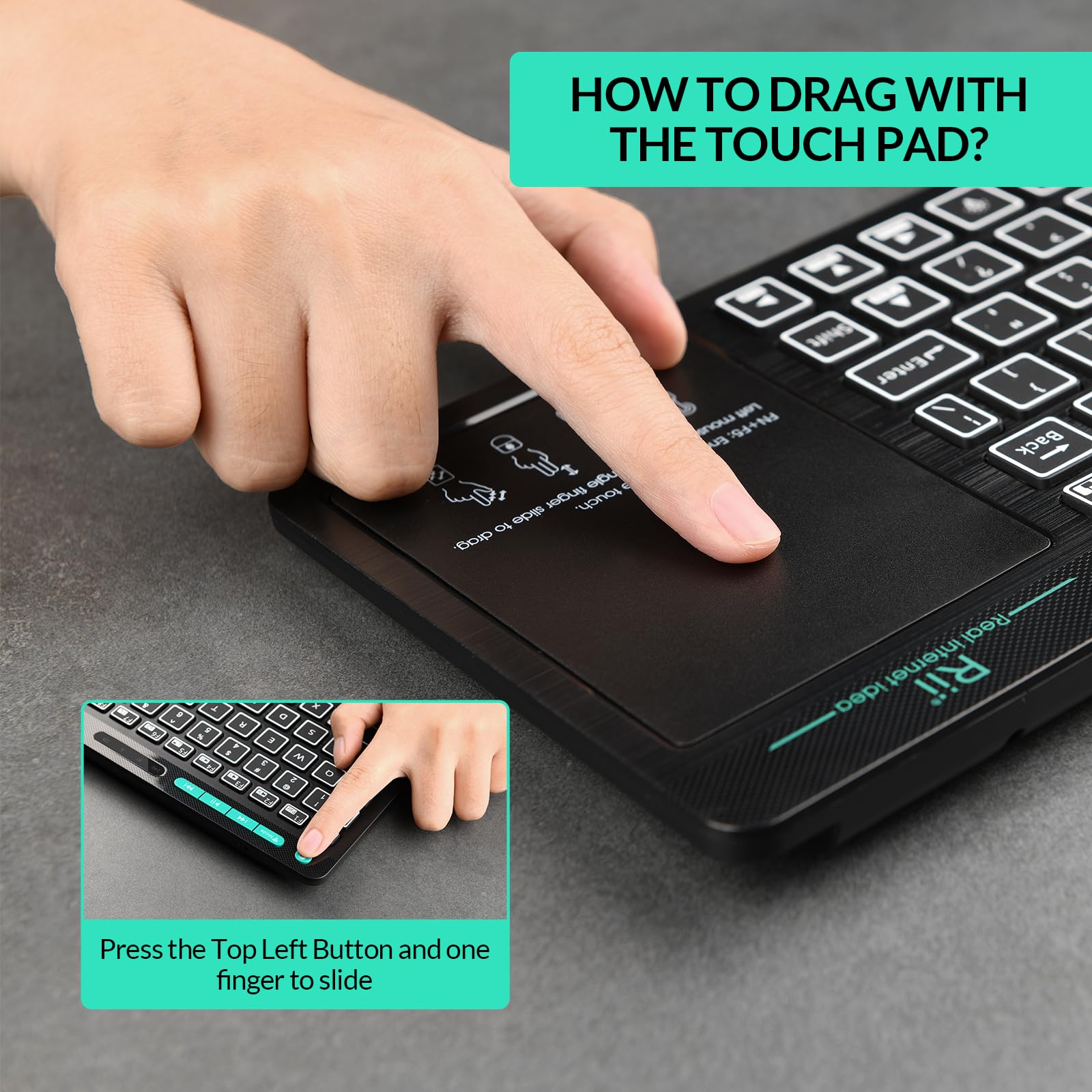 Rii Wireless Bluetooth Keyboard with Touchpad & LED Backlight - Rechargeable Big Trackpad Keyboard for Android TV Box, Smart TV, Xbox, Raspberry Pi, PC, Tablet, HTPC | Compatible with Android, Windows, macOS | Perfect for Home Entertainment & Office Work