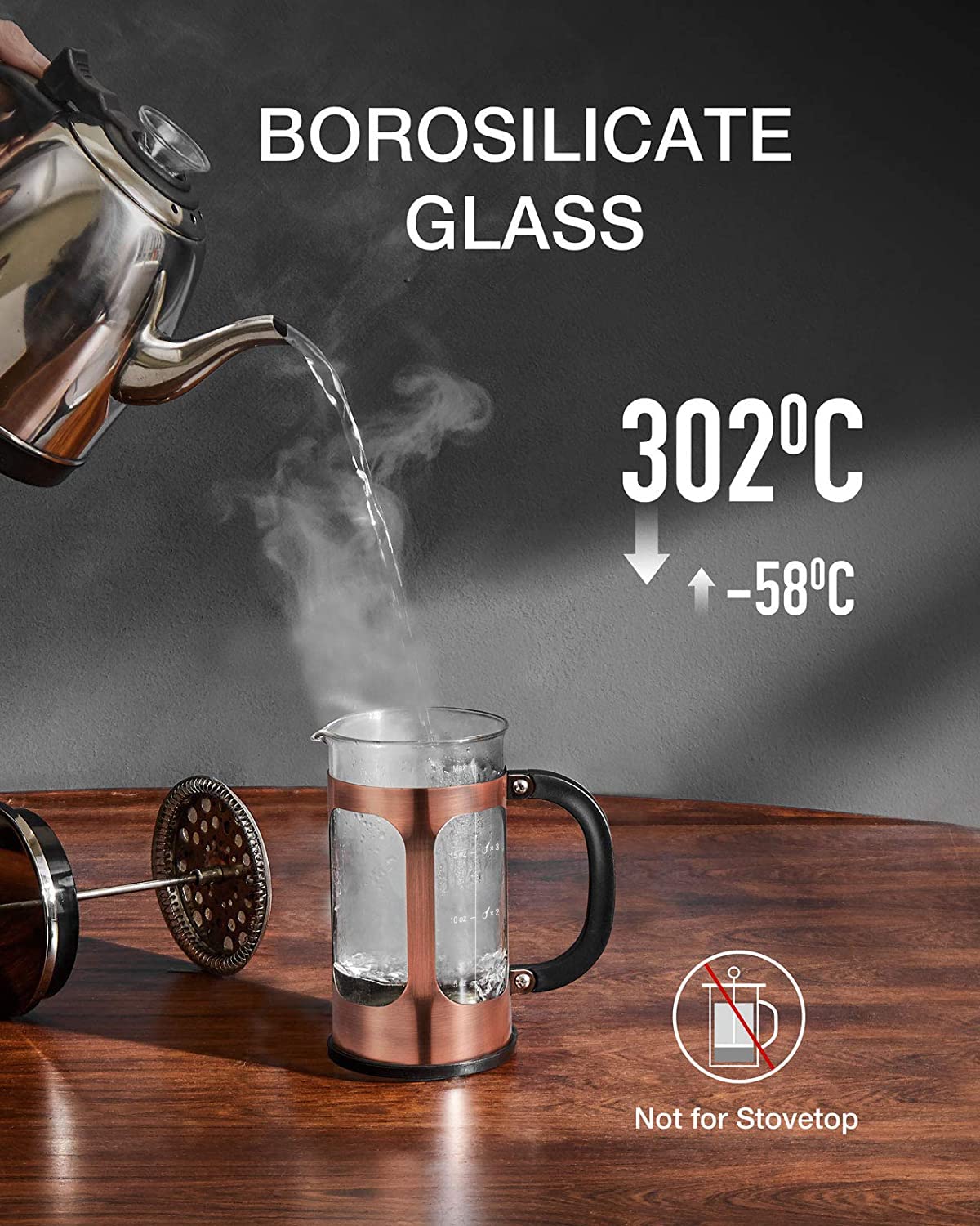BAYKA 21oz (0.6L) French Press Coffee Maker - Small Single Serve Brewer with Heat Resistant Borosilicate Glass & Stainless Steel - Ideal for Home, Office, Camping & Travel - Makes Hot Coffee, Tea & Cold Brew