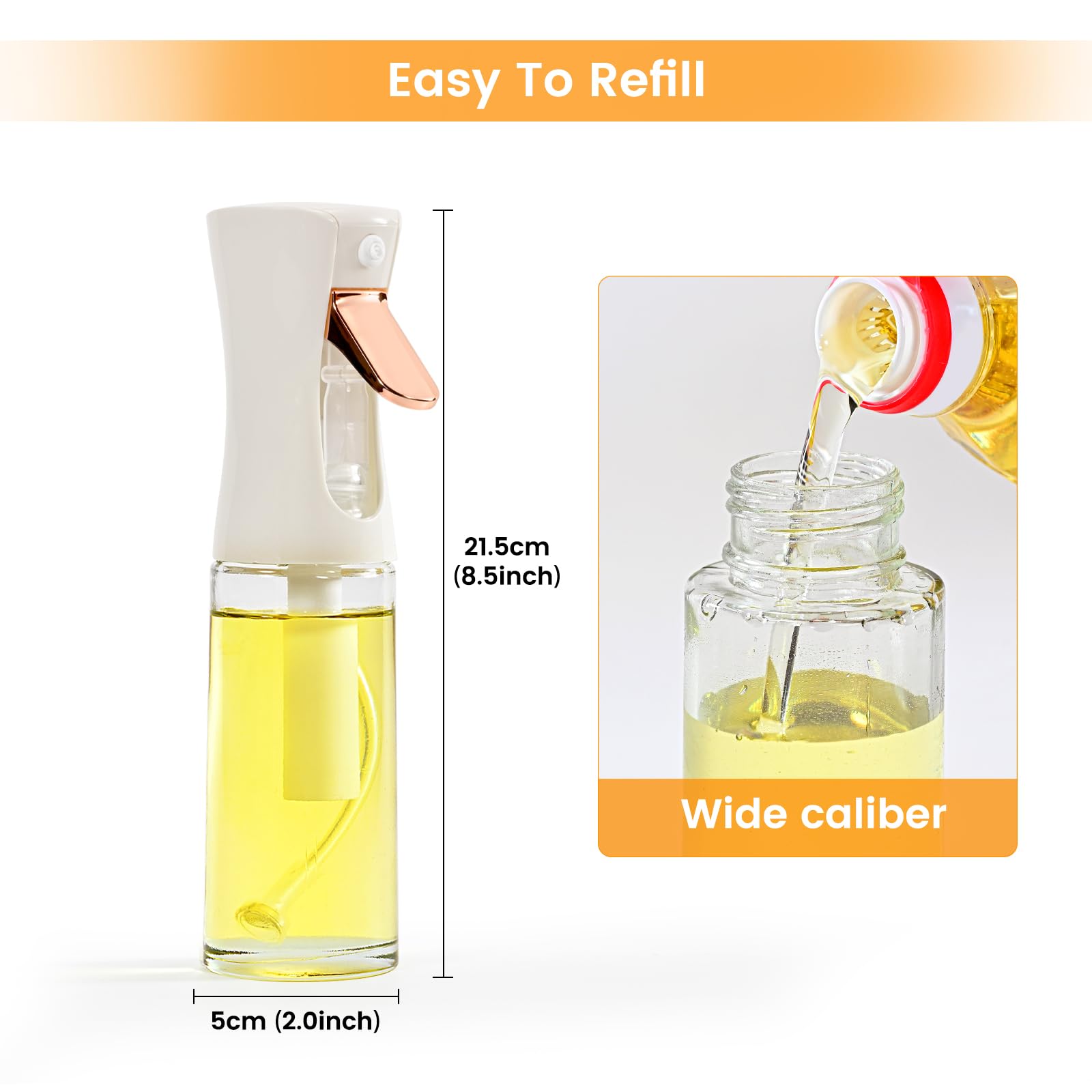 Premium Glass Oil Sprayer for Cooking & Baking - 220ml (7.4 oz) Olive Oil Mister Bottle for Air Fryer, Grilling, Salad Dressings - Perfect for Healthy Meal Prep & Kitchen Use (White)