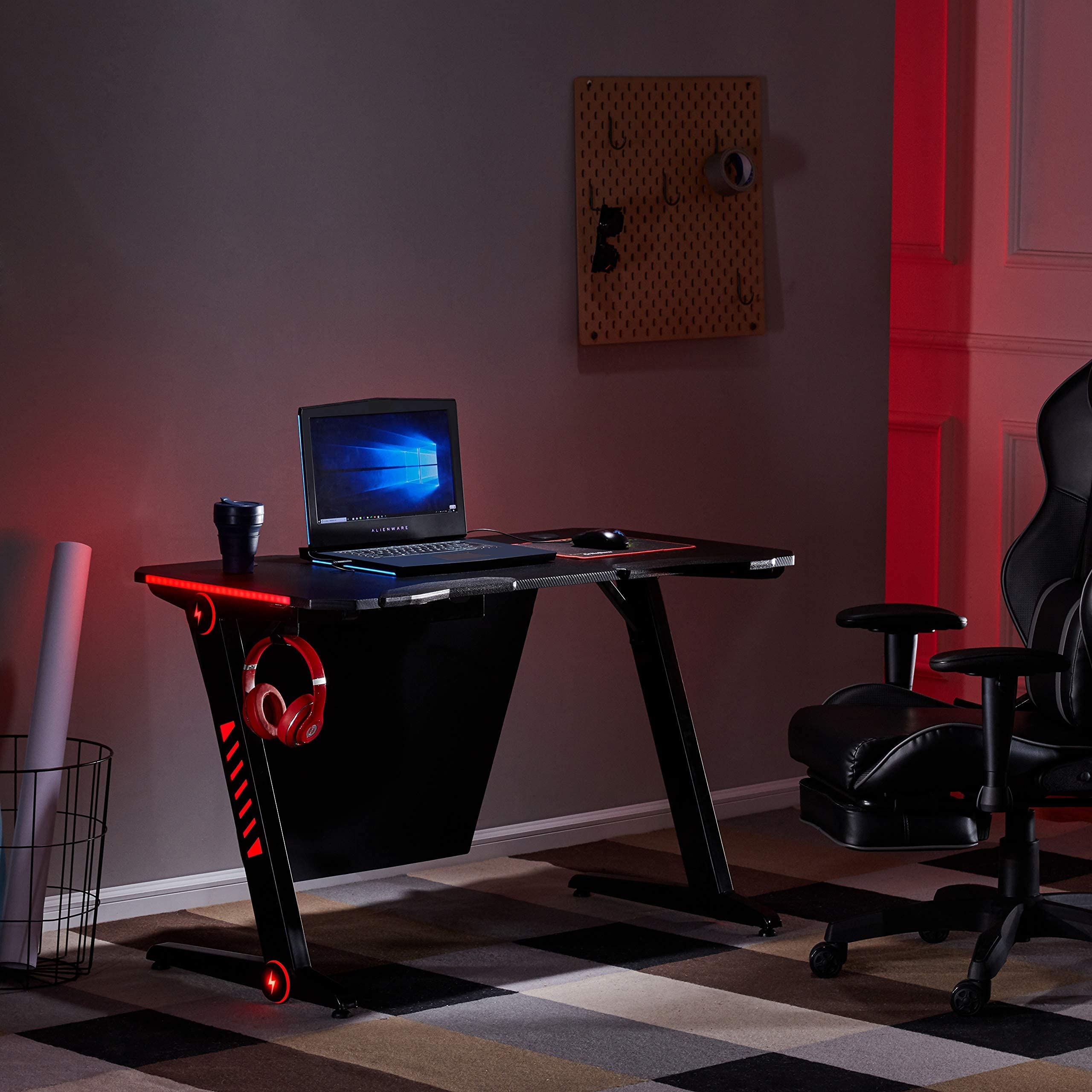 AOBOLAN 47-inch Gaming Desk with RGB LED Lights & Headphone Hook - Ergonomic Computer Desk for Home Office, PC Gaming & Workstation Setup - Perfect for Gamers, Streamers & Remote Workers