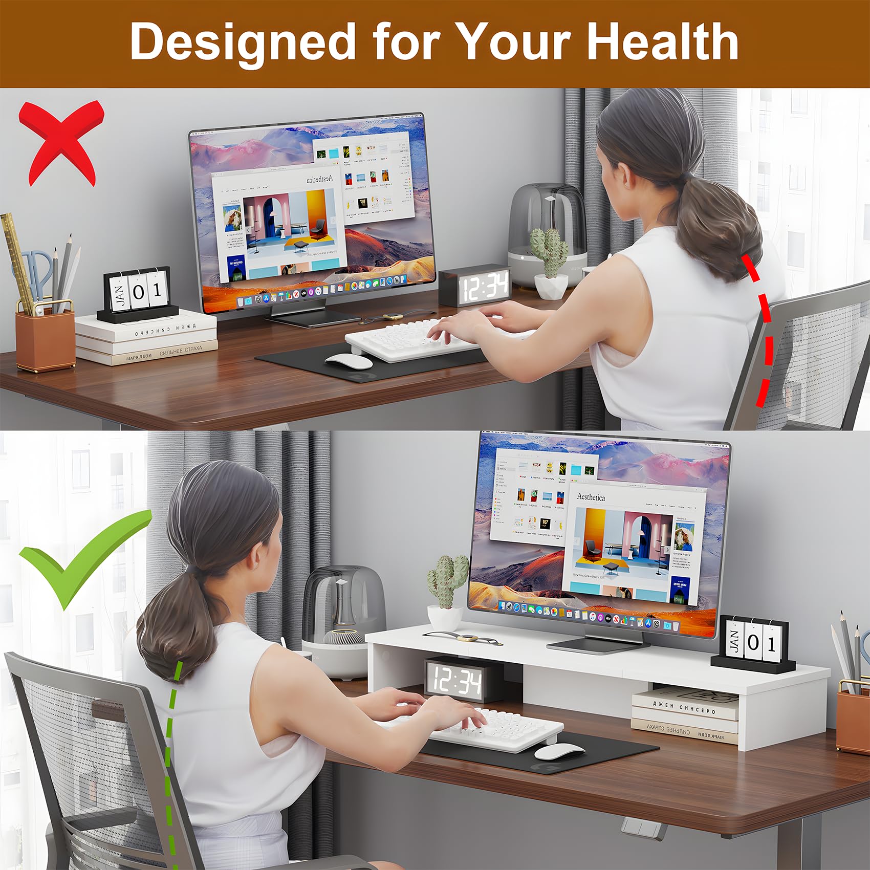 Dual Monitor Stand Riser for 2 Monitors - Large Adjustable Desk Shelf Organizer for Computer, Printer, TV - Perfect for Home Office & Gaming Setup (White)
