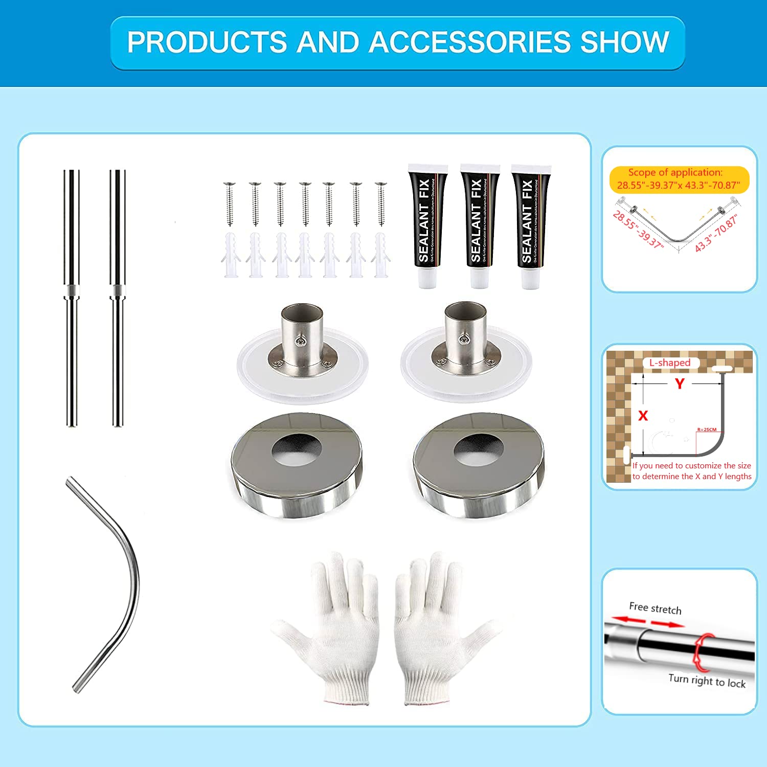 No-Drill Stretchable 304 Stainless Steel L-Shaped Shower Curtain Rod - Adjustable Length 28.55