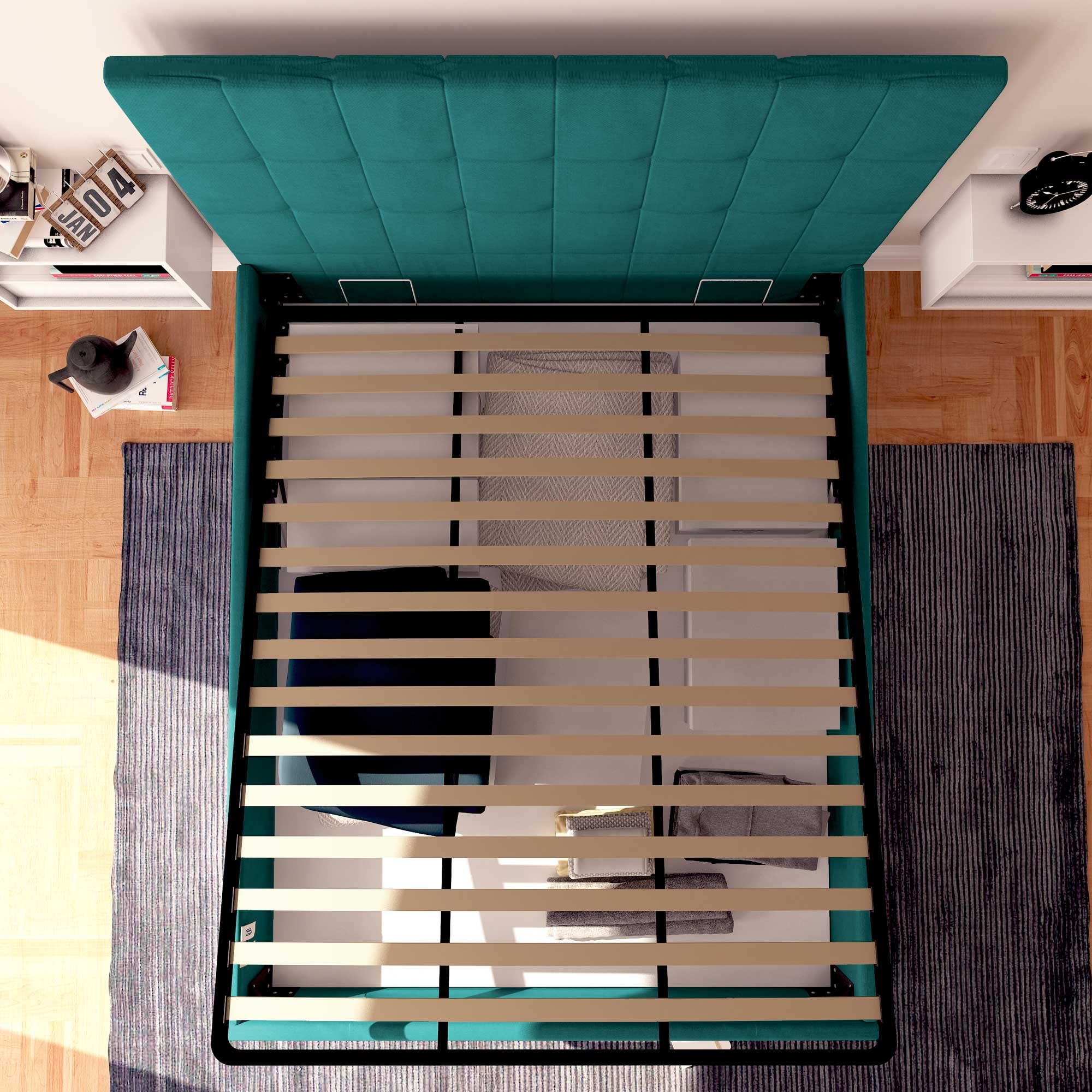 Baldiflex Square and Half Bed with Dublin Fabric Storage, Slatted Base for Square and Half Mattresses, 120 x 200 cm, Elegant Turquoise Headboard - Perfect for Small Bedrooms, Guest Rooms & Space-Saving Solutions