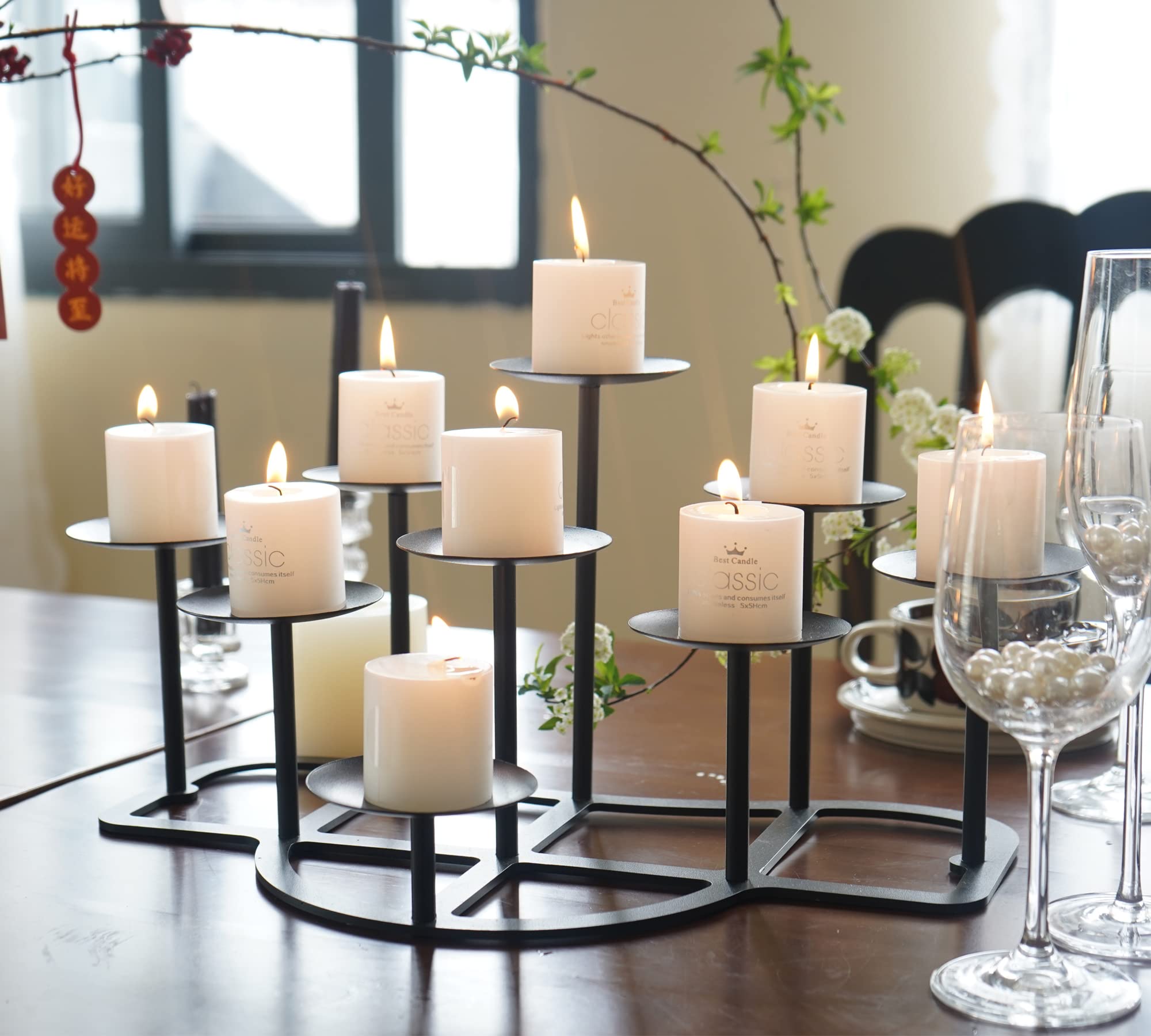 LANLONG 9-Branch Black Iron Candelabra for Pillar Candles - Elegant Fireplace Candle Holder, Table Centerpiece & Floor Decor for Christmas, Advent, Wedding & Home Decoration