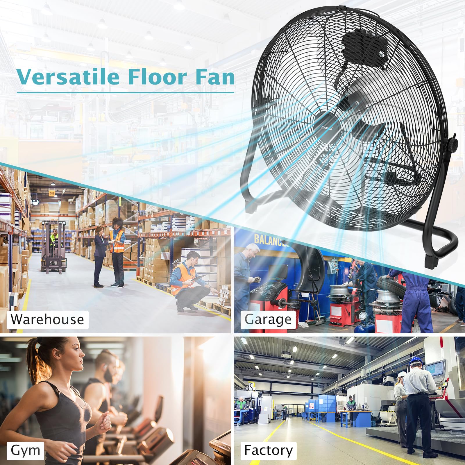 COSTWAY 20-inch High Velocity Industrial Floor Fan - 3-Speed Adjustable Heavy Duty Metal Fan with 145° Tilt for Home, Garage, Warehouse & Workshop | Indoor & Outdoor Cooling Solution for Hot Days