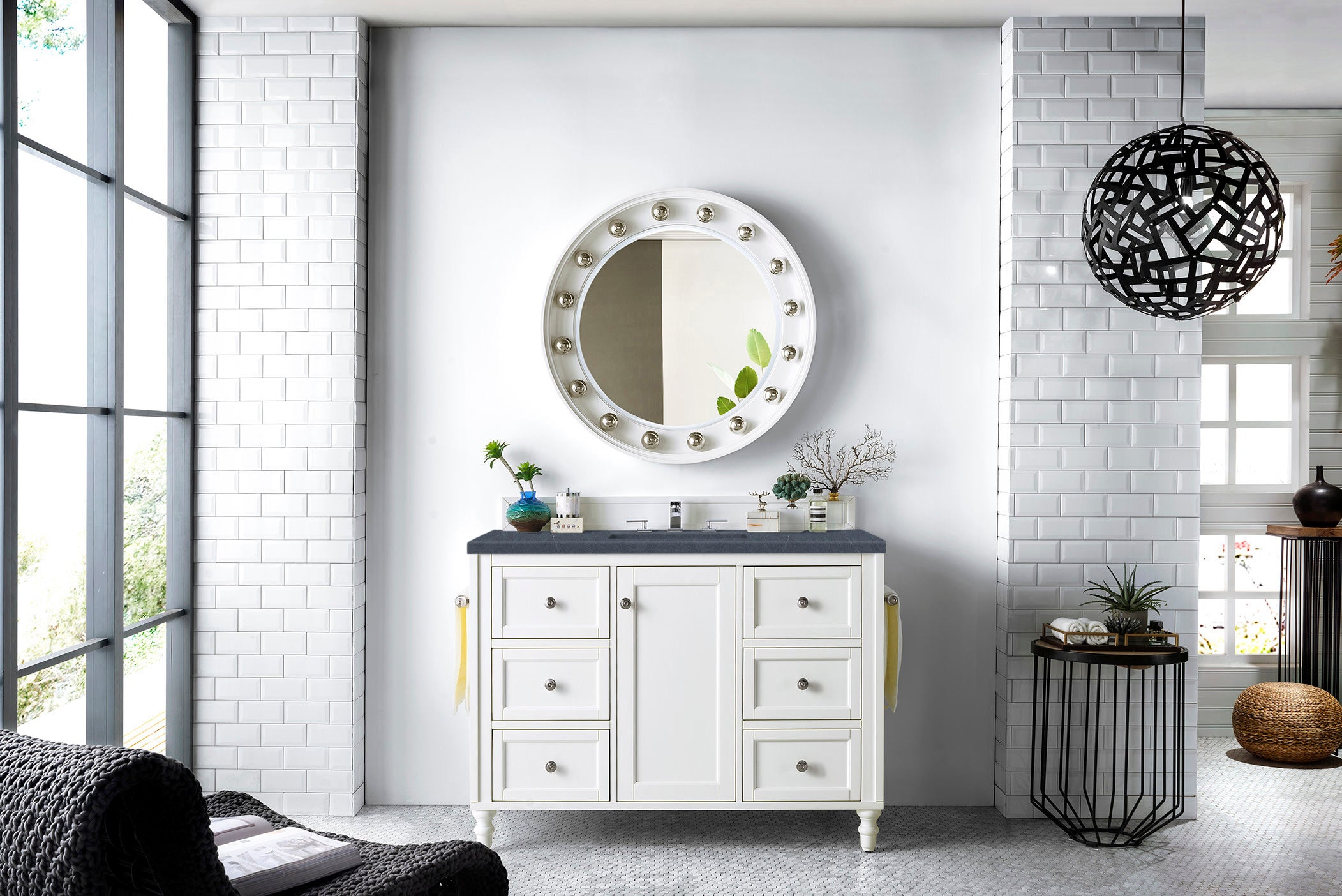 Copper Cove Encore 48 Inch Single Bathroom Vanity Set - Bright White Finish with 3CM Charcoal Soapstone Quartz Countertop | Perfect for Modern Master Bathrooms & Powder Rooms