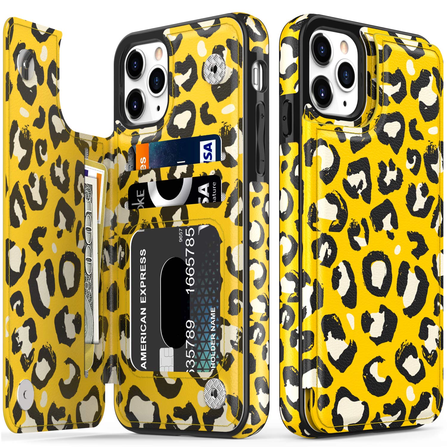 Premium Leather Wallet Case for iPhone 11 Pro Max - Fashionable Flip Folio Cover with Flower Design & Card Slots | Protective Phone Case for Women | Perfect for Work, Travel & Everyday Use (Yellow Leopard, 6.5