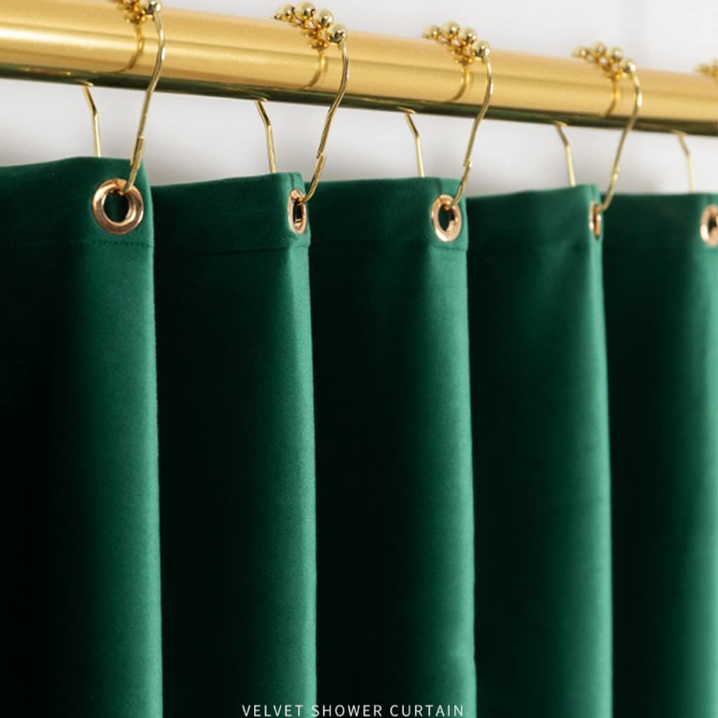Luxury Heavy Duty Velvet Green Shower Curtain - Waterproof Bathroom Decor with Rust-Proof Metal Grommets & Decorative Gold Hooks (78